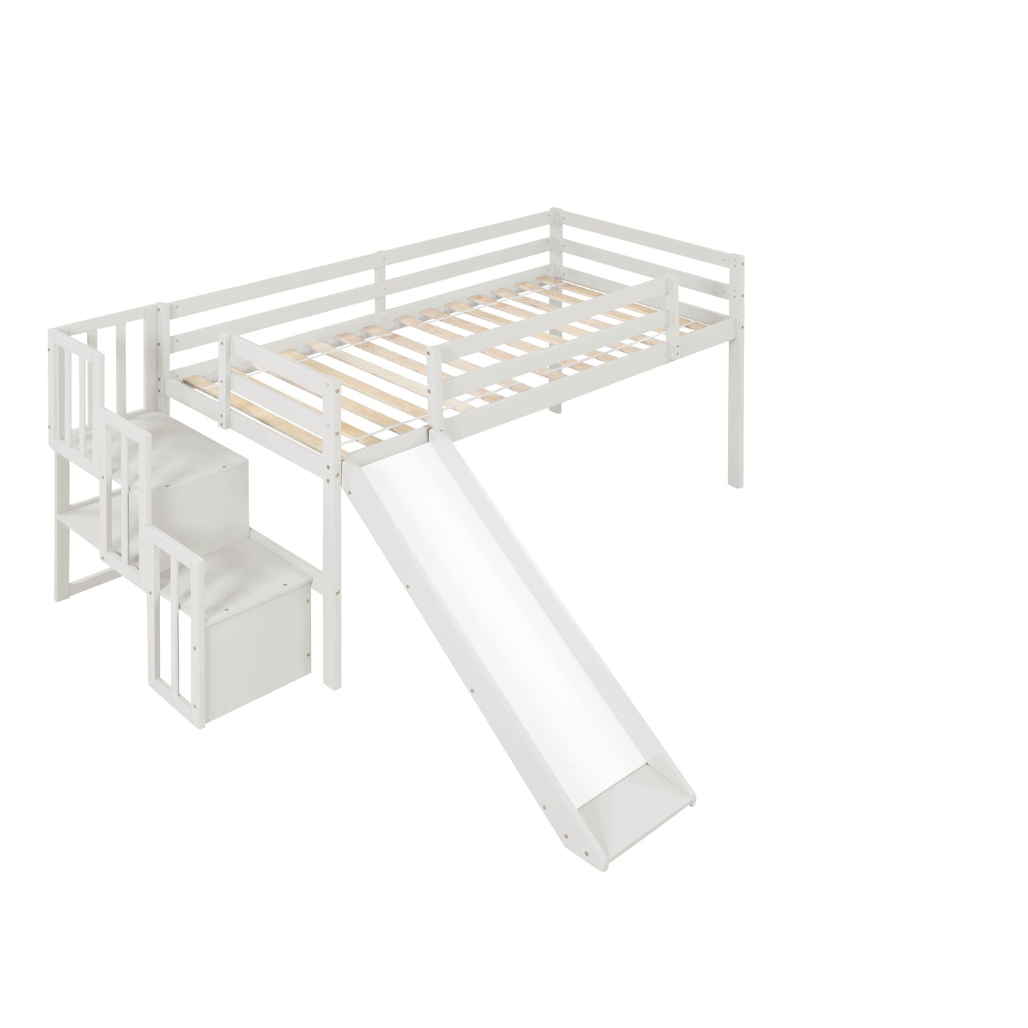 Loft Bed with Staircase, Storage, Slide, Twin size, Full-length Safety Guardrails, No Box Spring Needed, White