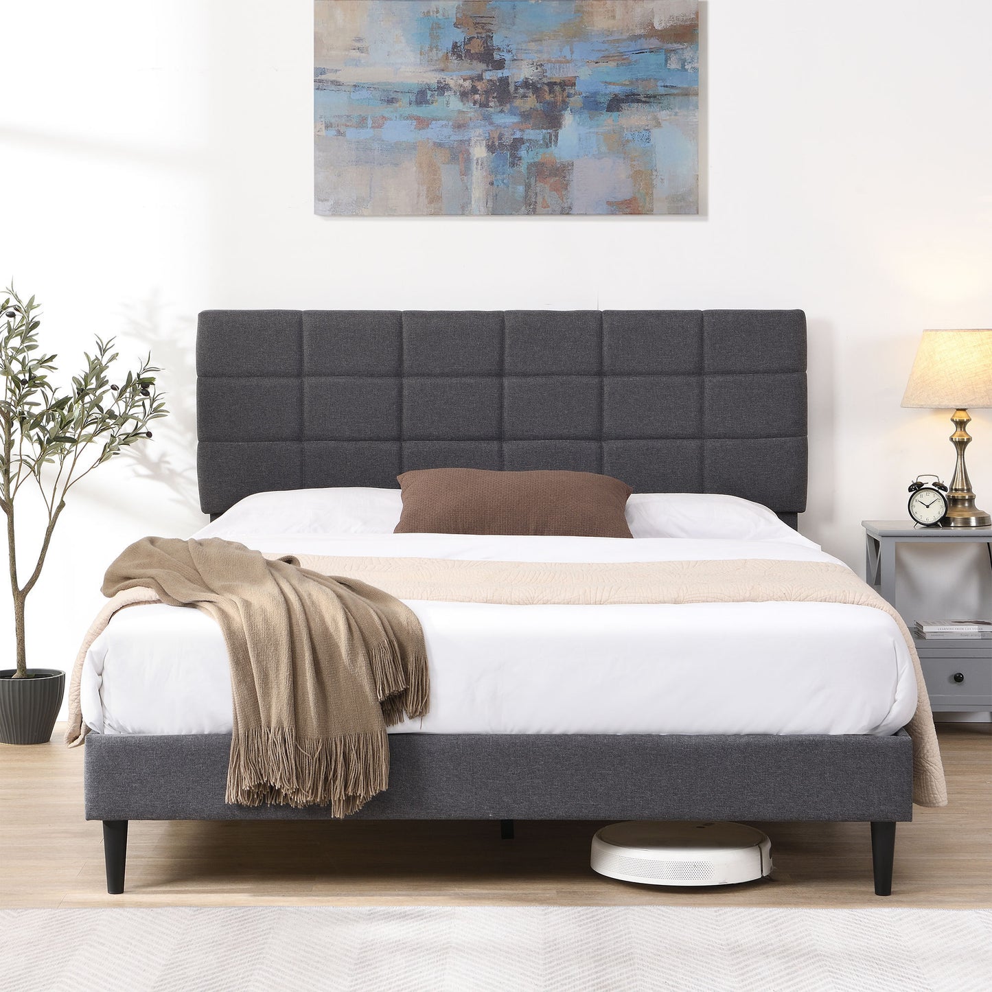 Full Size Platform Bed Frame with Fabric Upholstered Headboard and Wooden Slats, No Box Spring Needed/Easy Assembly, Grey