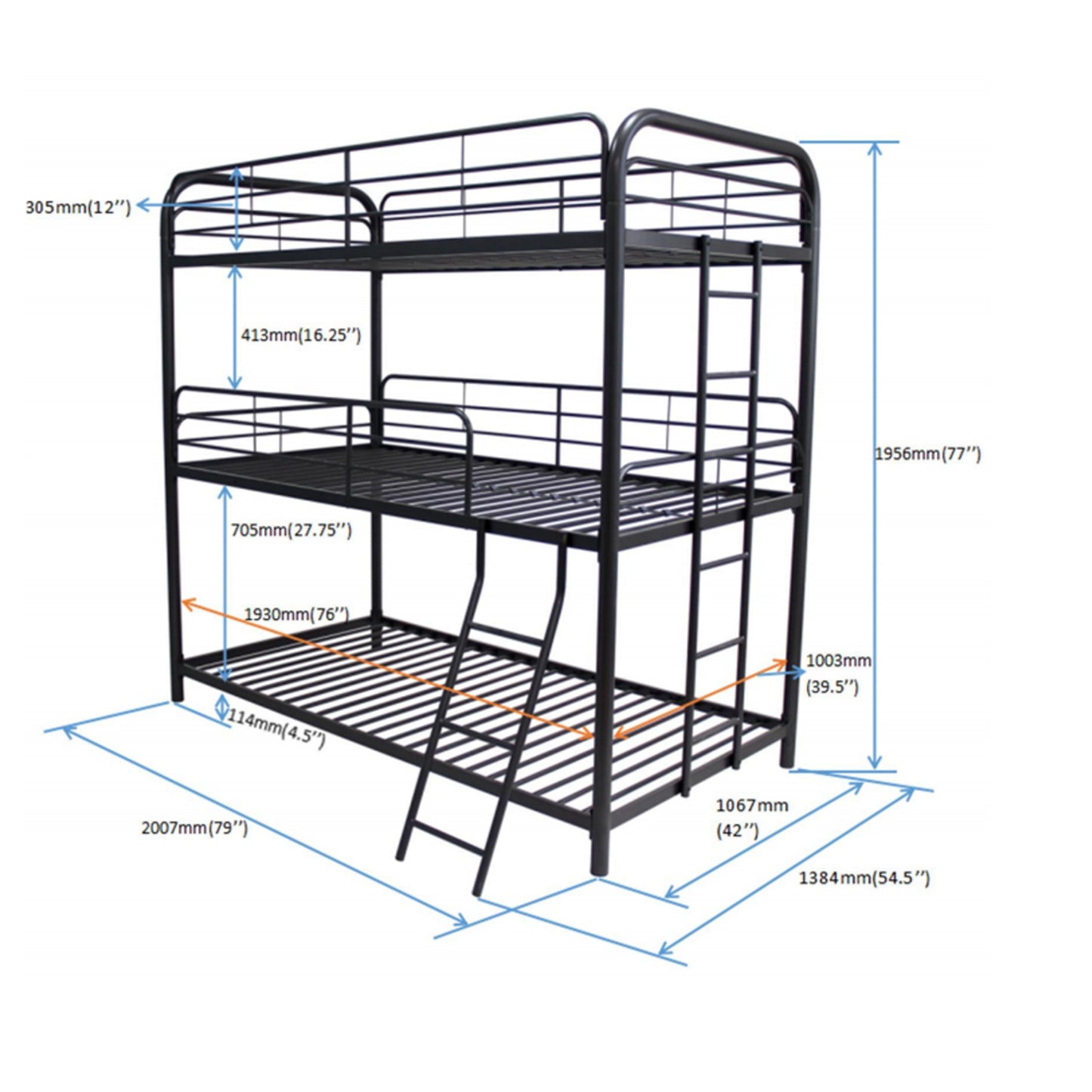 Children's Triple Bunk Bed - Sleek Black Metal Frame with Triple Twin Sleeping Areas