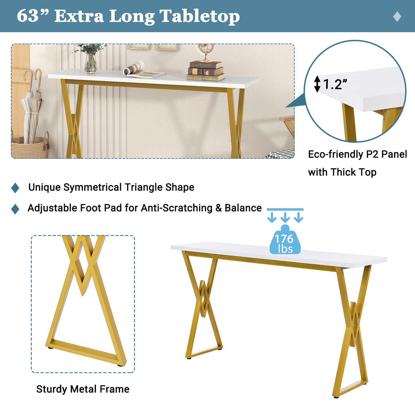 Modern 4-Piece Counter Height Extra Long Console Bar Dining Table Set with 3 Padded Stools for Small Places, Gold