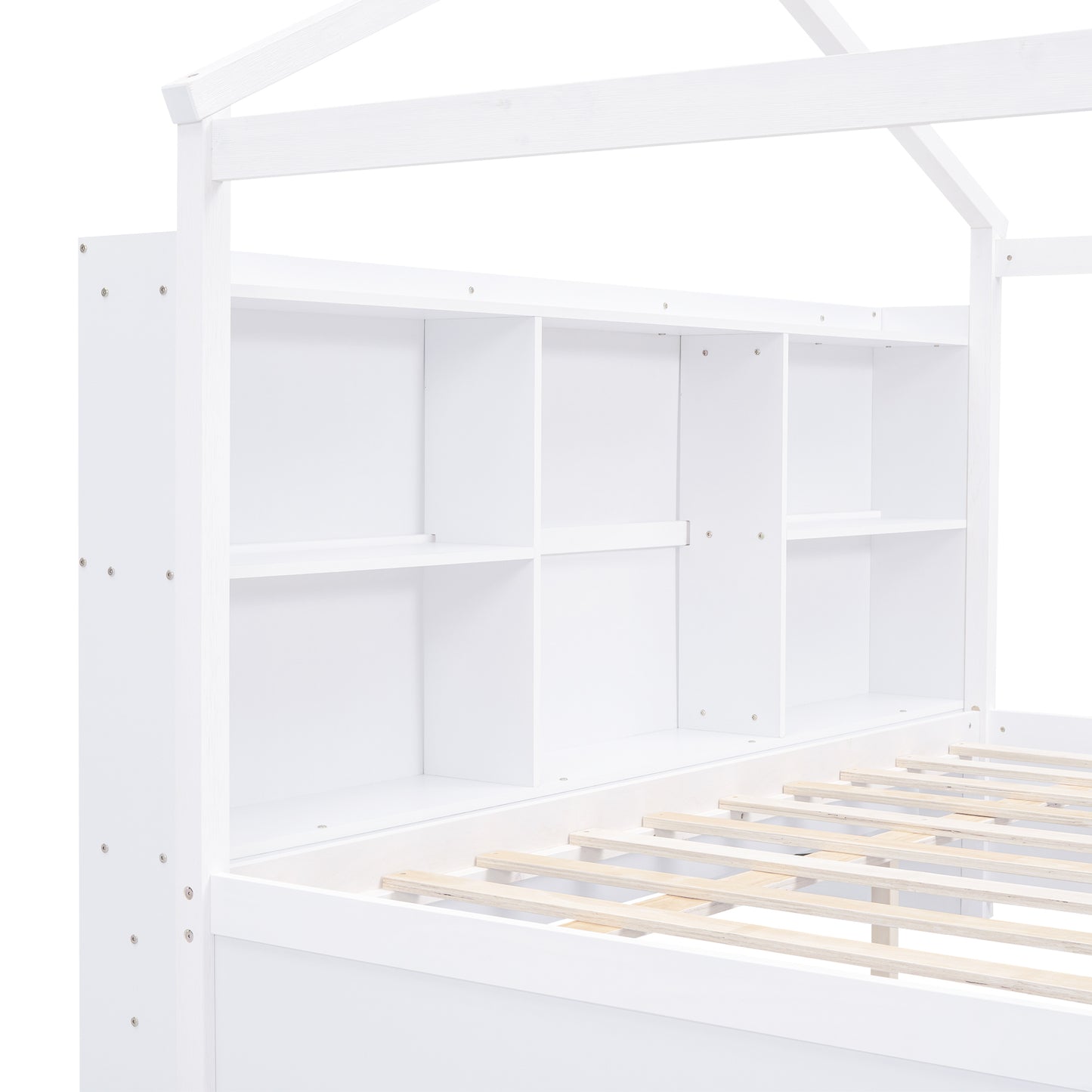 Full Size House Bed with Storage Shelves and Twin Size Trundle, Brushed White