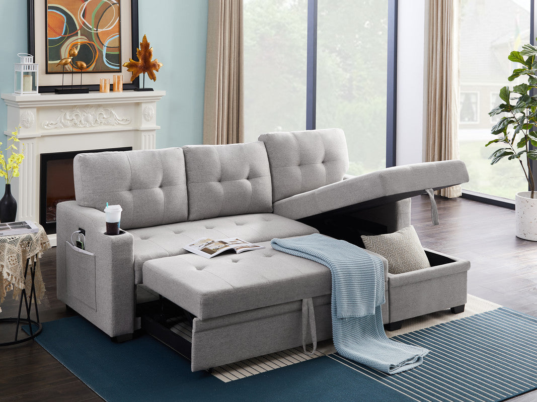 Mabel Light Grey Linen Fabric Sleeper Sectional with Cupholder, USB Charging Port, and Pocket for Modern Comfort.