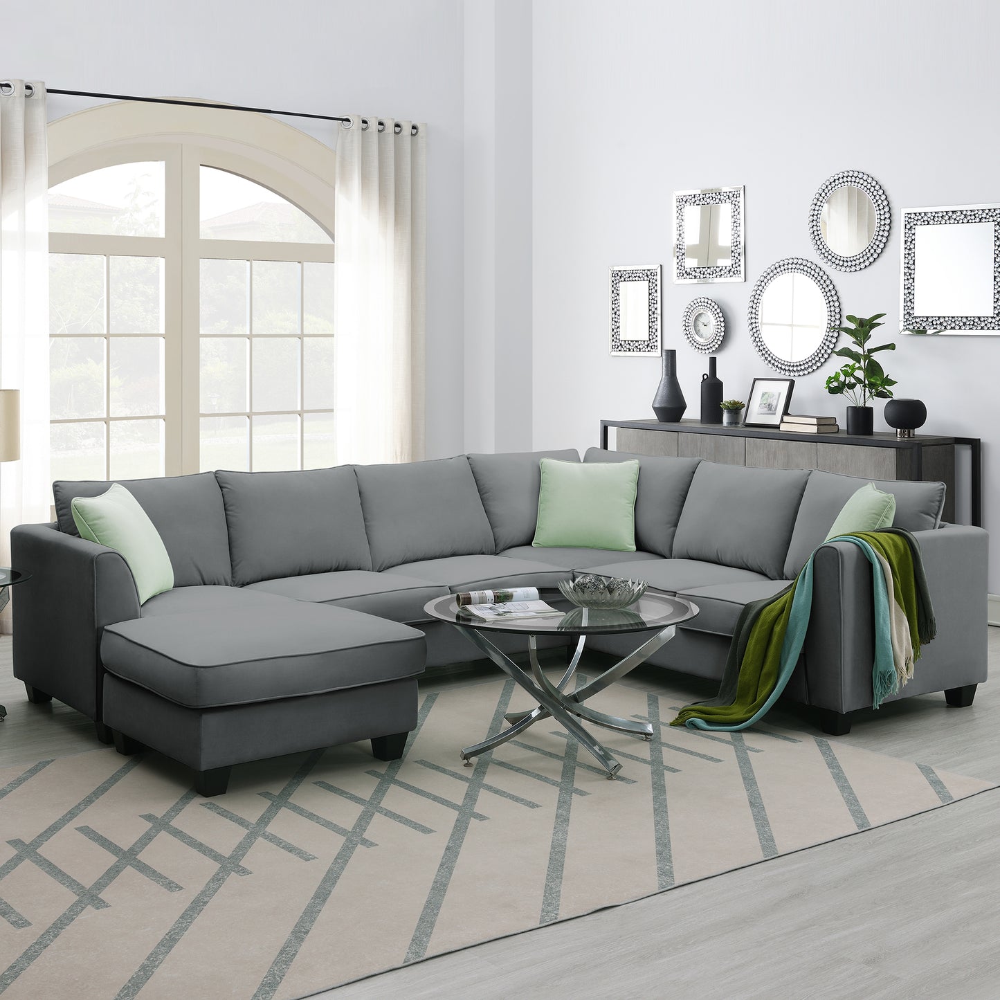 7-Seat Modular Sectional Sofa with Ottoman and Pillows - Grey (New GS008210AAG)