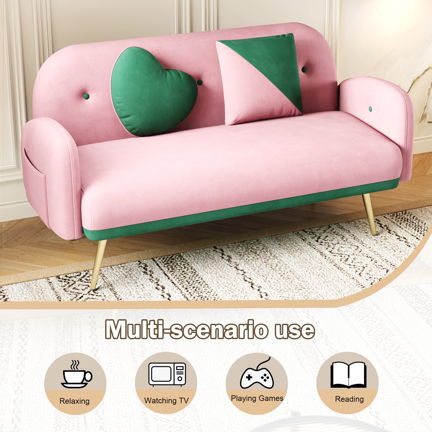 58 Pink Velvet Sofa with 2 Pillows for Small Spaces