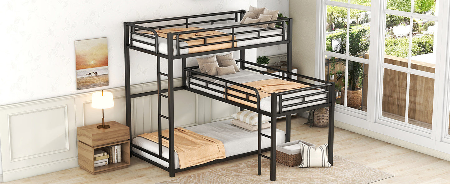 Black Metal Triple Bunk Bed with Desk and L-shaped Design