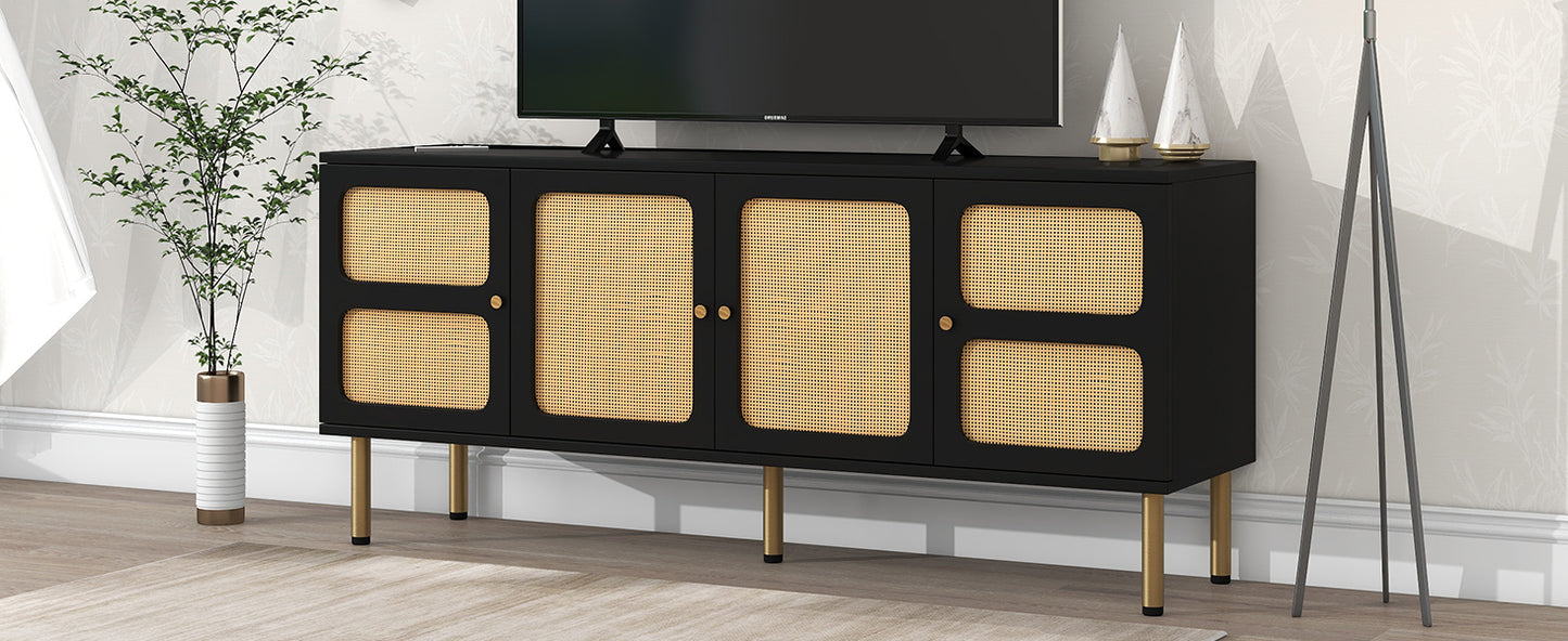 Elegant Country Style TV Stand with Rattan Door and Gold Metal Base