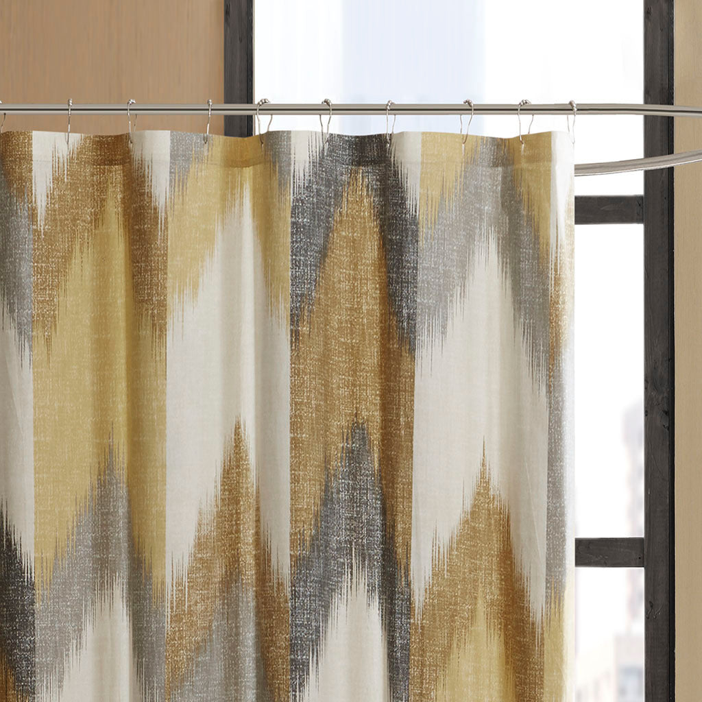 Yellow and Taupe Chevron Printed Cotton Shower Curtain