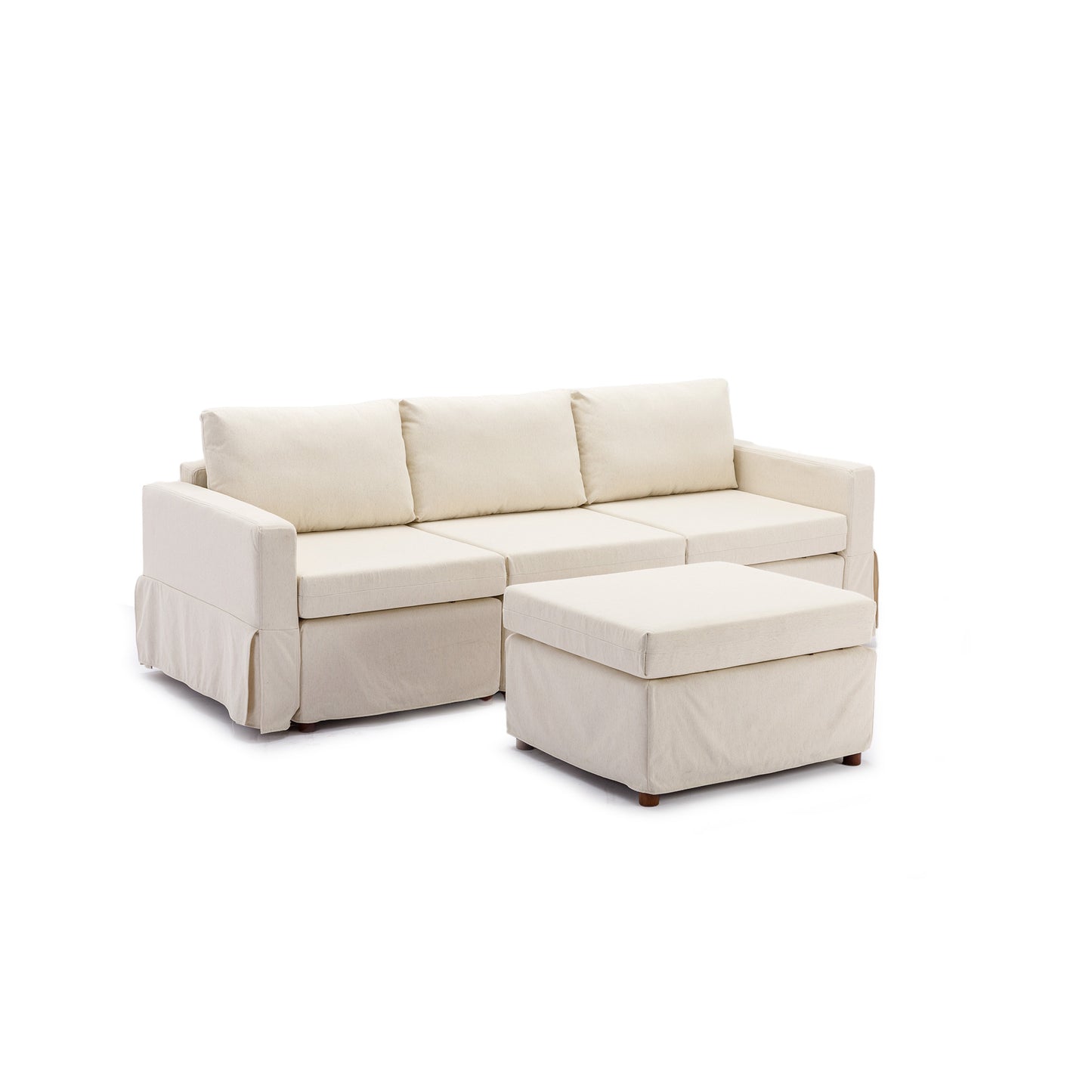 Cream Linen 3-Seat Modular Sectional Sofa Set with Ottoman