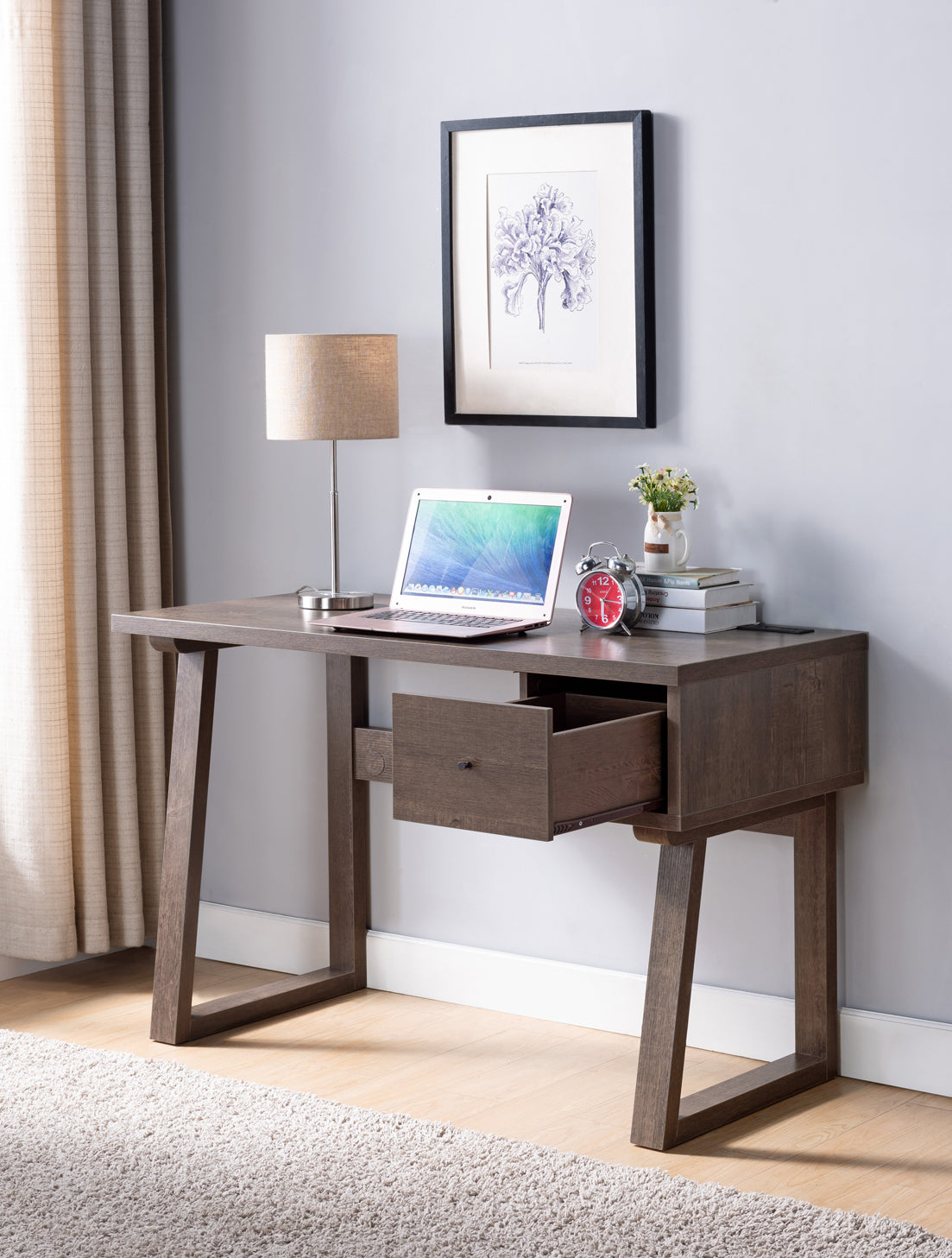 Walnut Oak Writing Desk with Built-In USB Port and Drawer