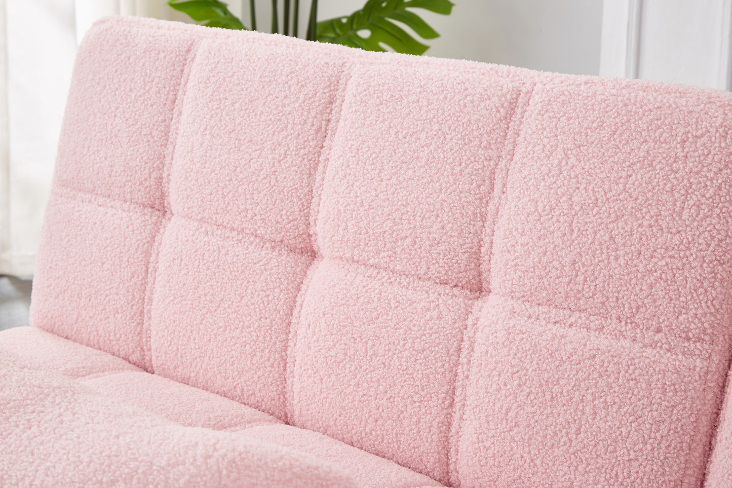 Convertible Pink Teddy Fabric Sofa Bed with Gold Metal Legs