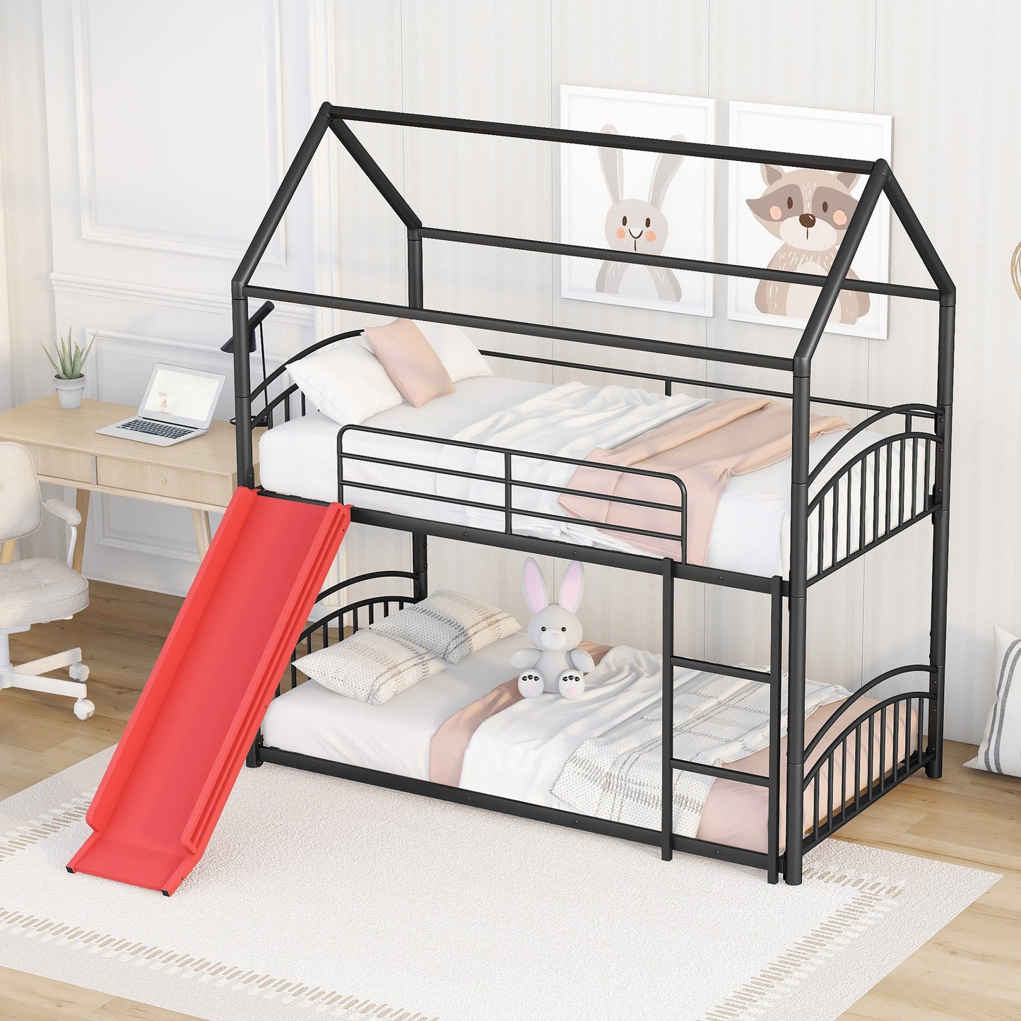 Whimsical Kids Slide Bunk Bed Twin Over Twin Black+Red