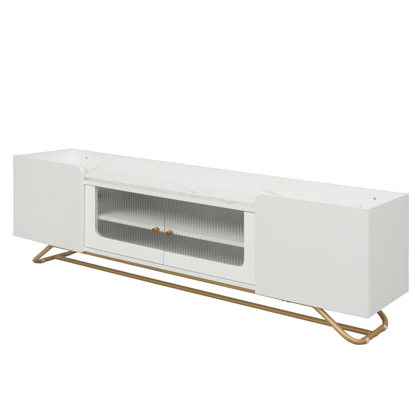 Contemporary White TV Stand with Fluted Glass Doors, Faux Marble Top, and Gold Metal Accents