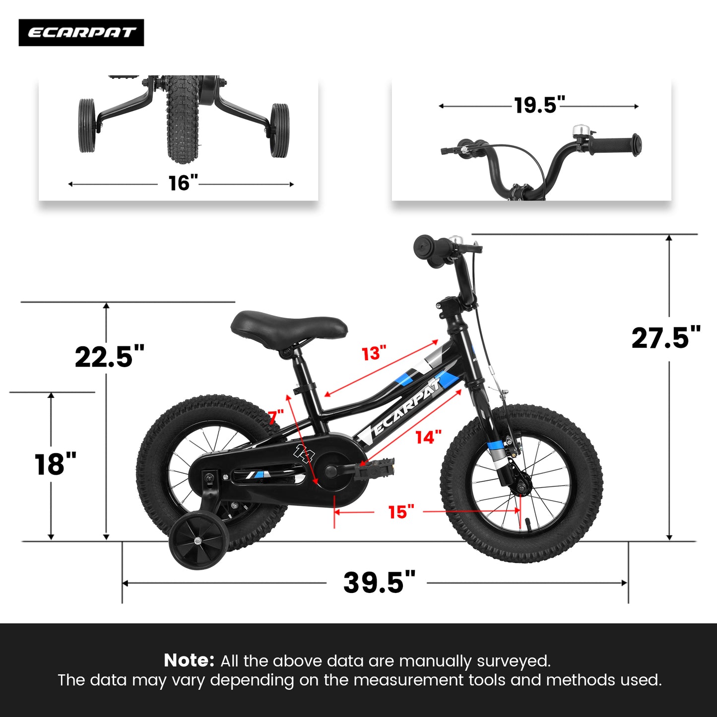 A14117 Ecarpat Kids' Bike 14 Inch Wheels, 1-Speed Boys Girls Child Bicycles For3-5Years, With Removable Training Wheels Baby Toys, Front V Brake, Rear Holding Brake