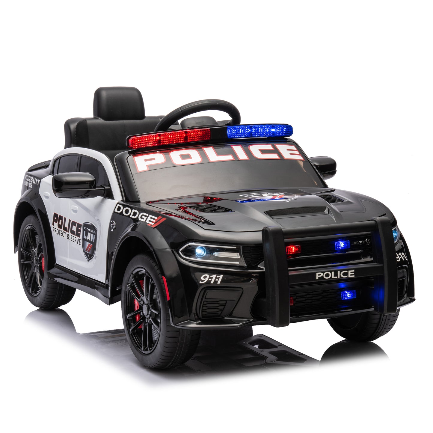 Licensed Dodge Charger,12v Kids ride on police car W/Parents Remote Control,anti-collision bar,Front& top alarm light design,Police car sticker,megaphone,three-speed,slow start,Four wheel suspension.