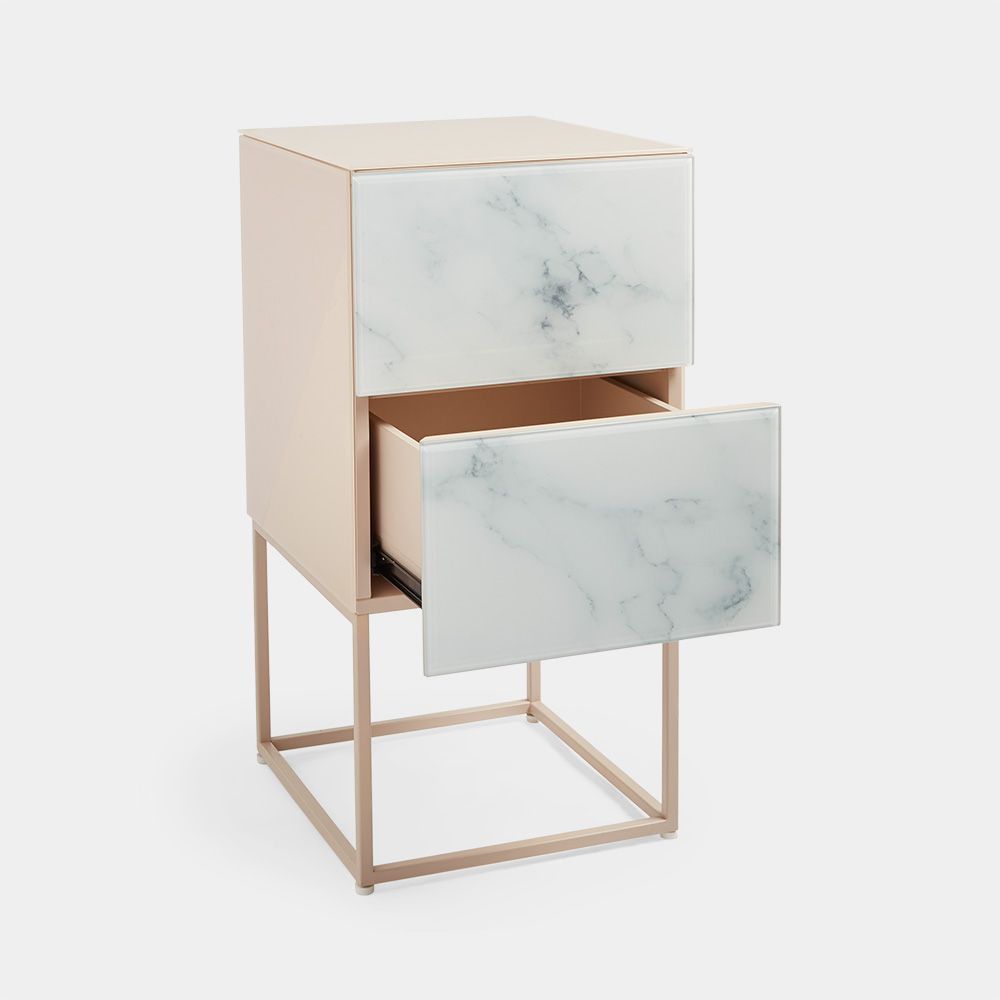 Tempered Glass Marble Stone Double Drawer Bedside Table for Bedroom, Living Room