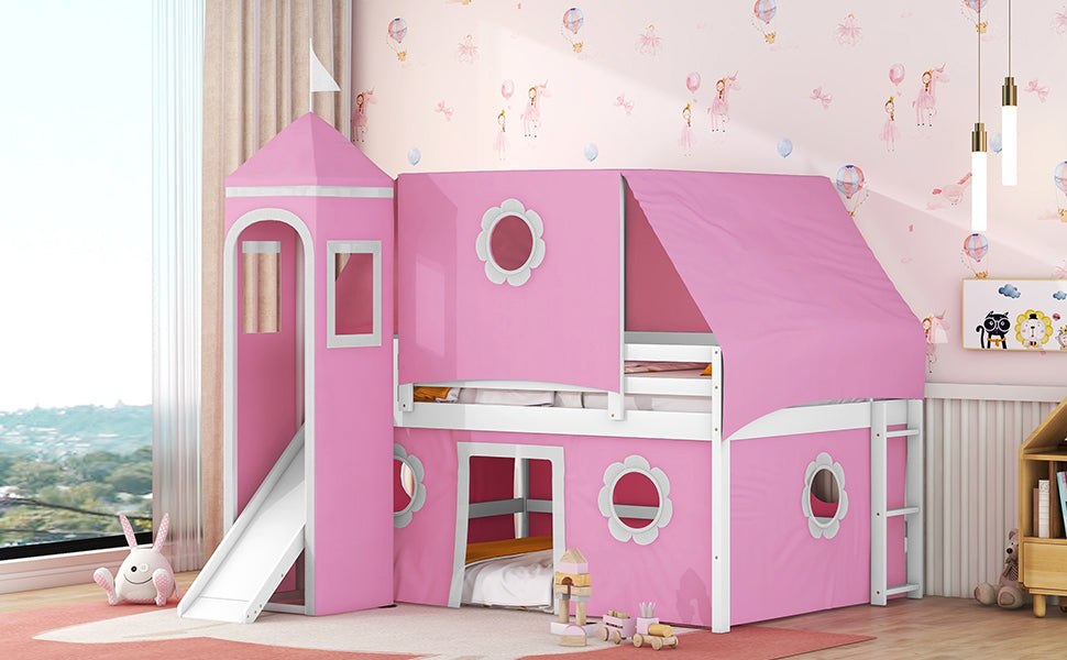 Pink Castle Loft Full Size Bunk Bed with Slide, Tent, and Tower - Enchanting Pink Castle Loft Bed with Slide, Tent, and Tower