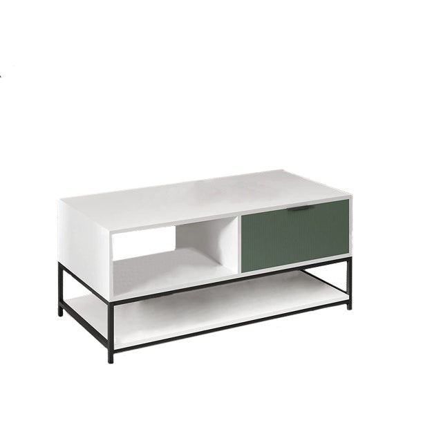 Watson White and Green Wood Coffee Table Steel Frame with Shelves and Drawer - Modern and Functional Coffee Table with Steel Frame and Storage Options