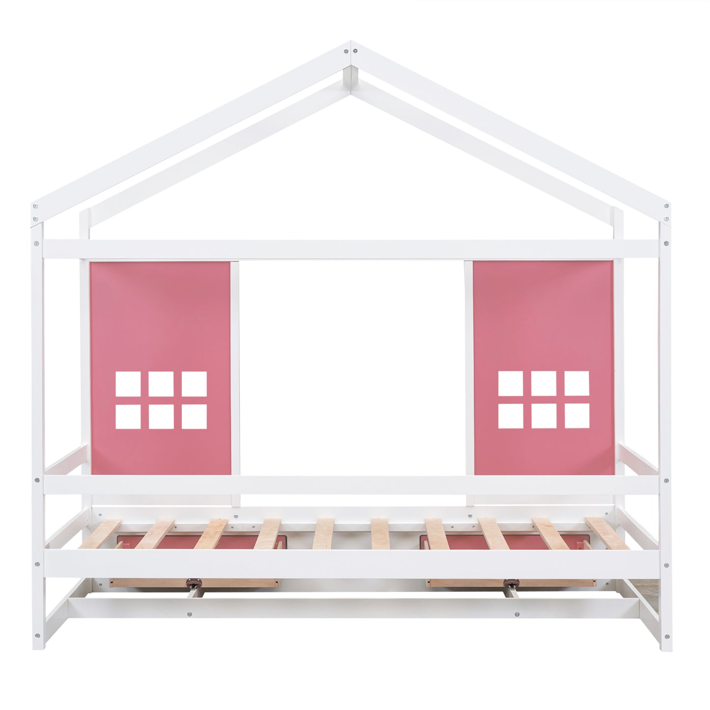 Twin Size Wood House Bed with 2 Drawers and Window Decoration, White+Pink