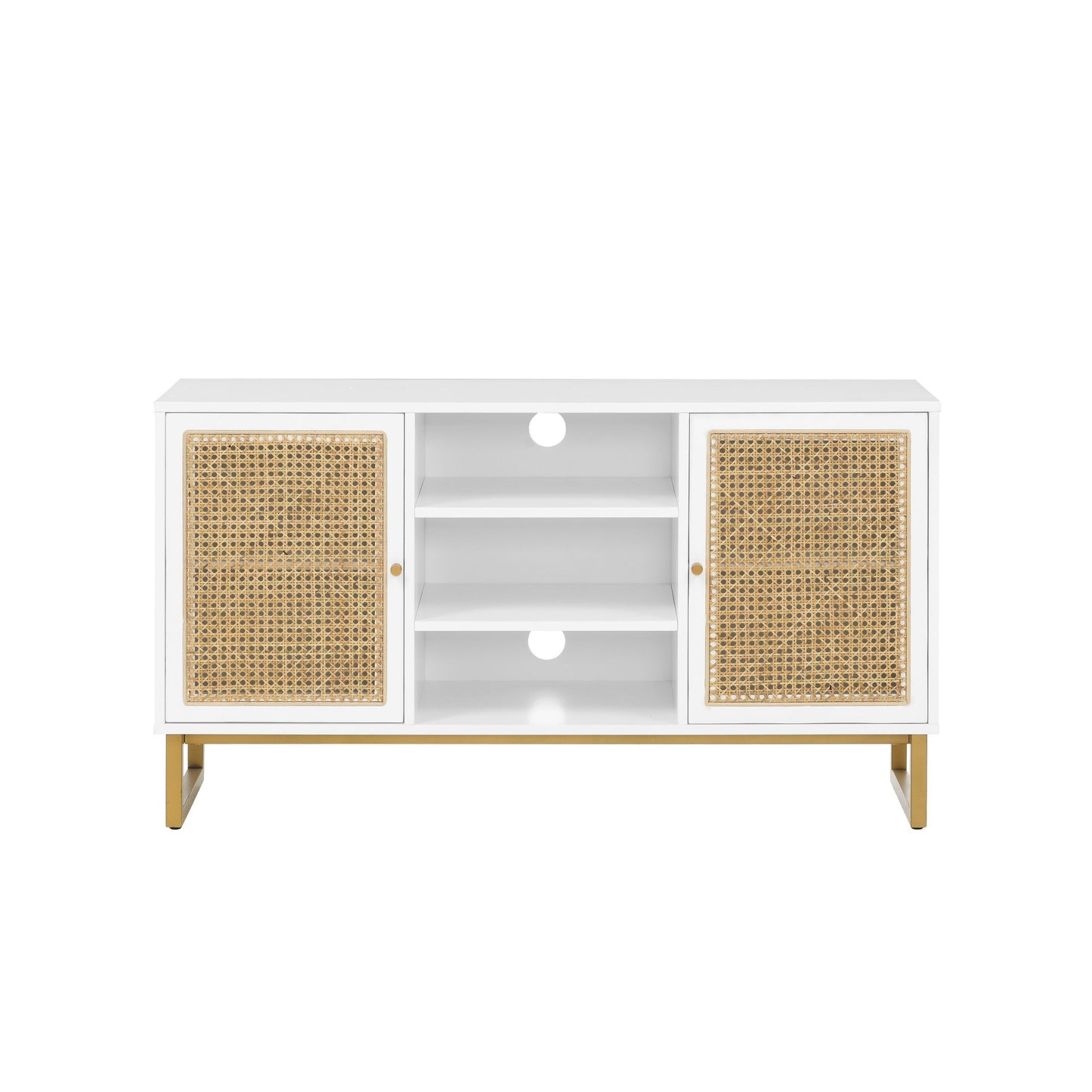 47 Inch White Rattan TV Stand with Adjustable Shelves and Metal Legs