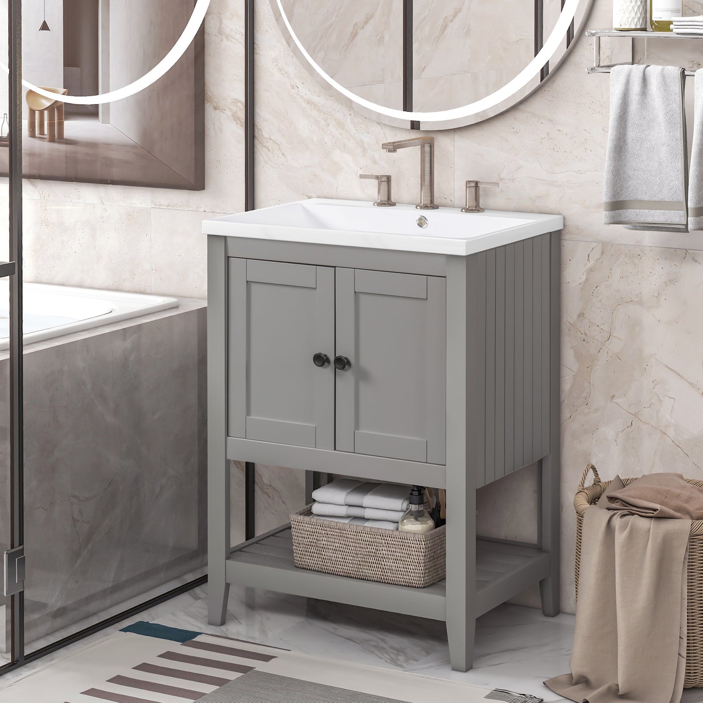 24" Grey Modern Sleek Bathroom Vanity Elegant Ceramic Sink with Solid Wood Frame Open Style Shelf