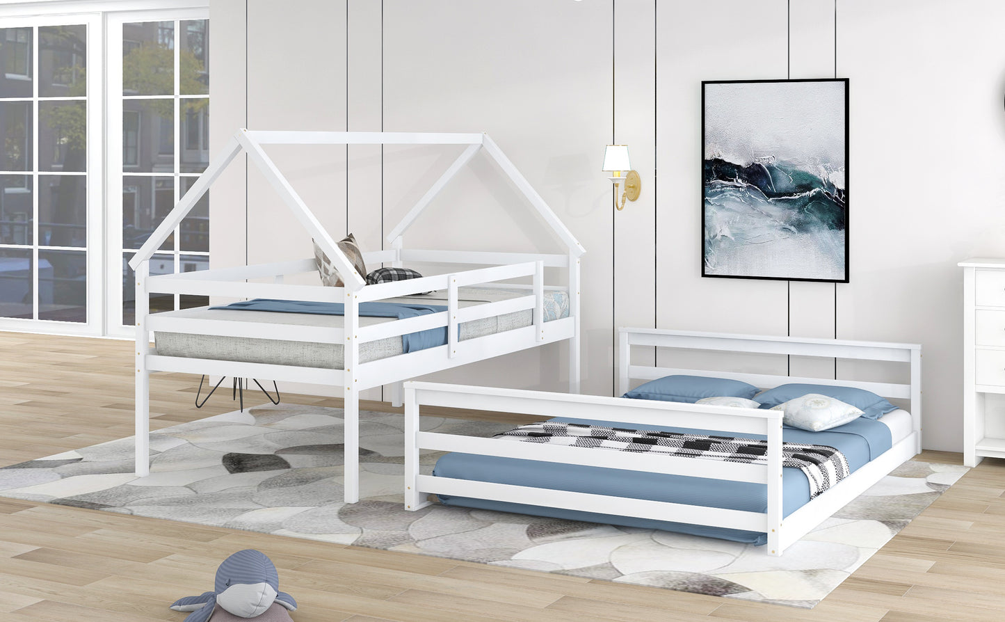 Playful White Twin over Full Bunk Bed with House-Inspired Design