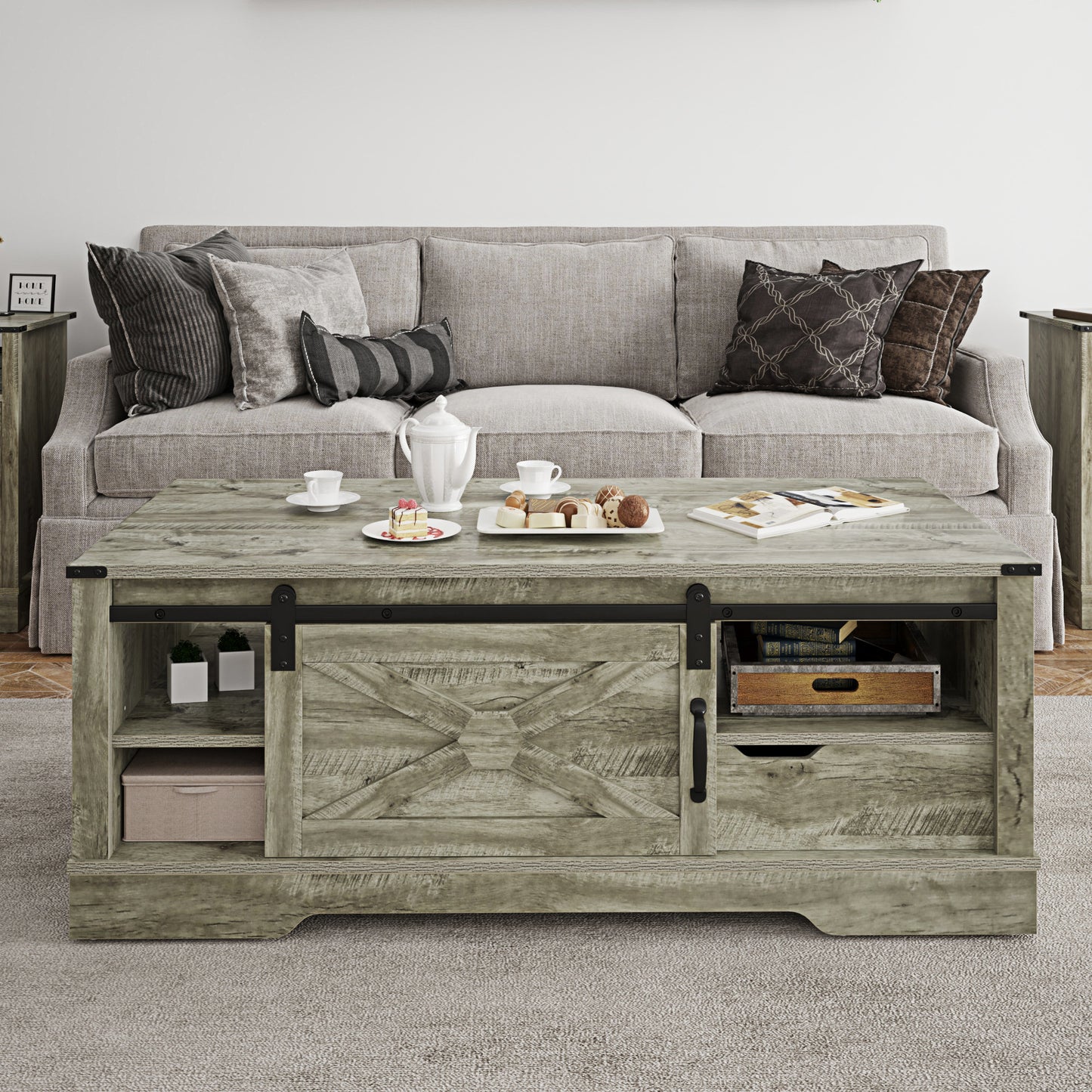 Farmhouse Sliding Barn Door Coffee Table with Storage Compartment - Light Gray