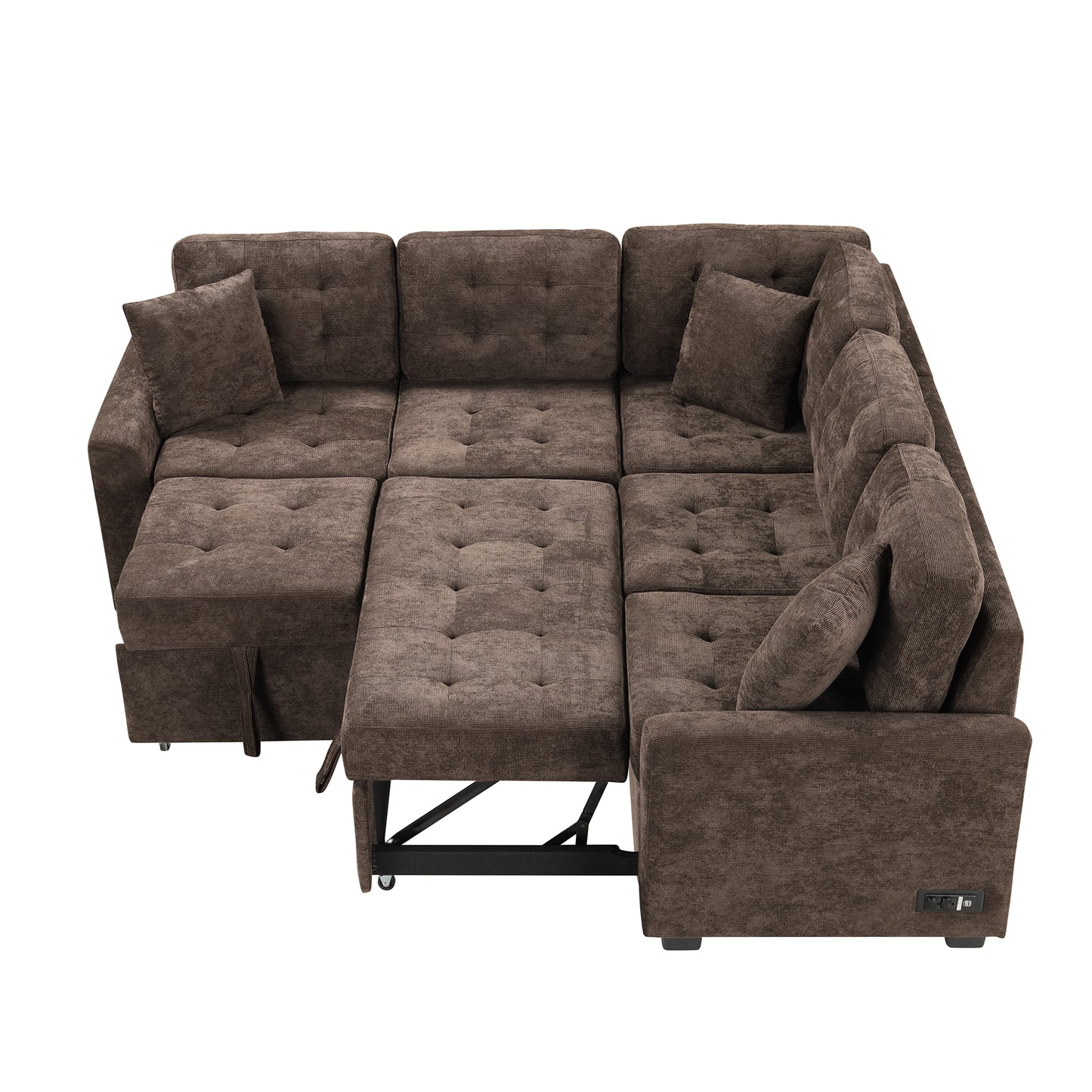 Convertible L-Shape Sleeper Sofa with USB Ports and Power Sockets, Brown