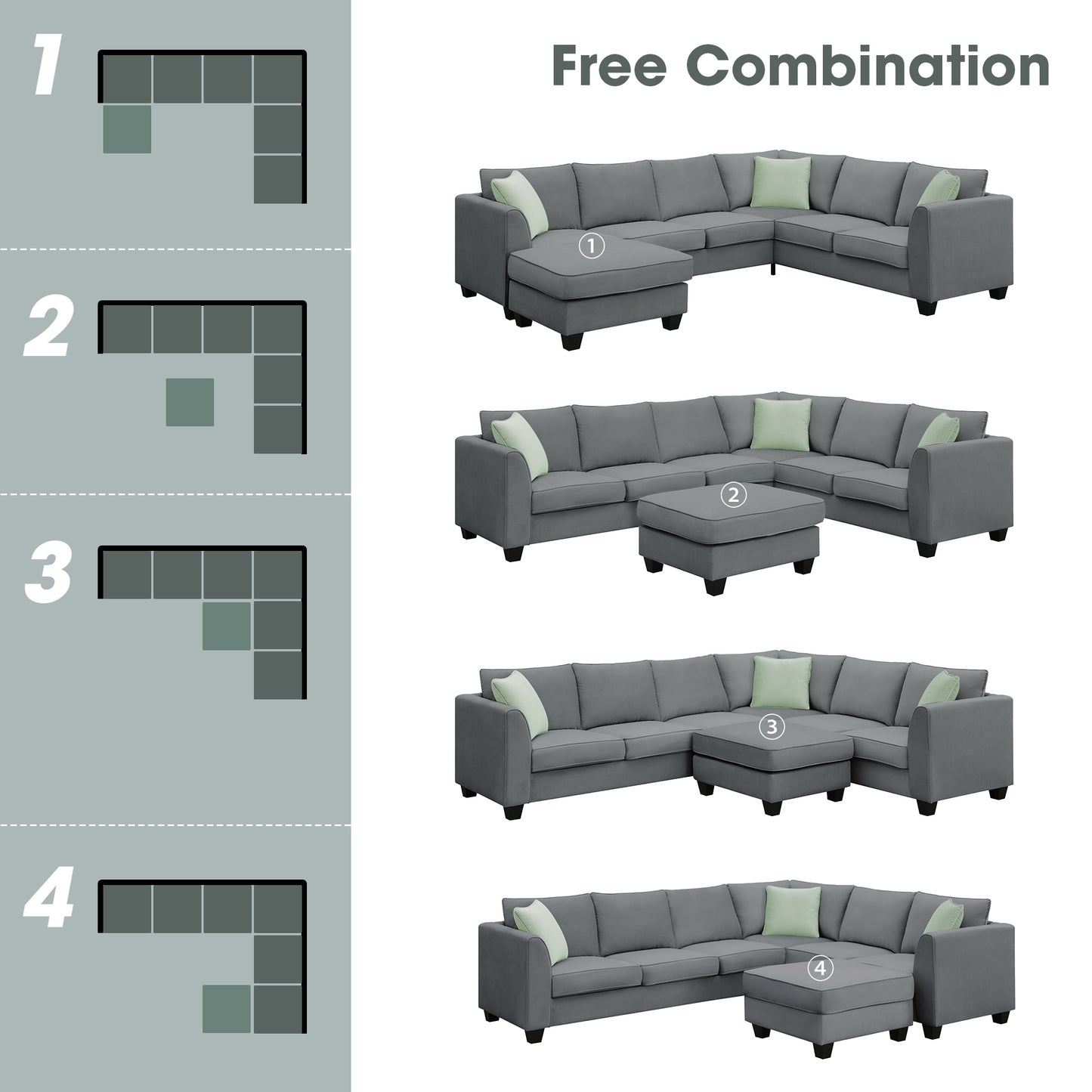 7-Seat Modular Sectional Sofa with Ottoman and Pillows - Grey (New GS008210AAG)