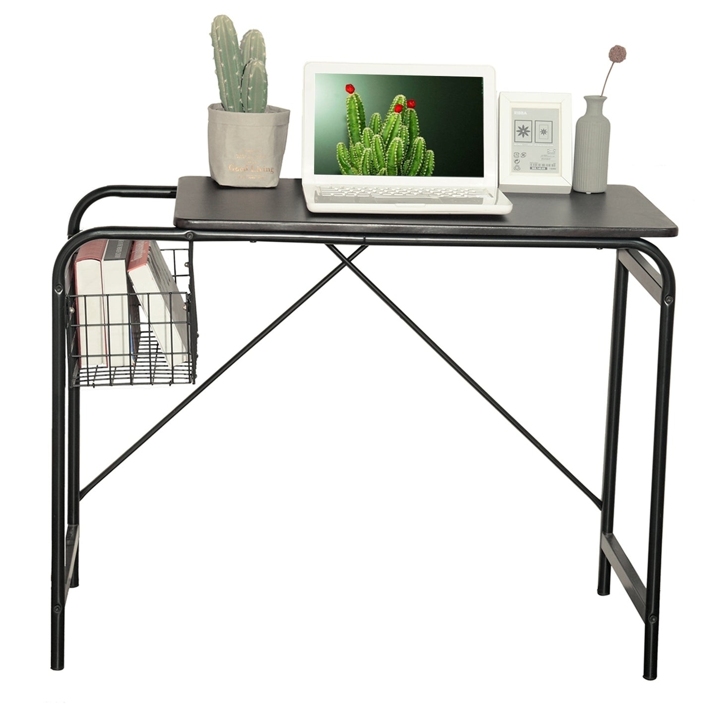 Compact Modern 31.5 Computer Desk with Wire Storage Basket - Walnut & Black