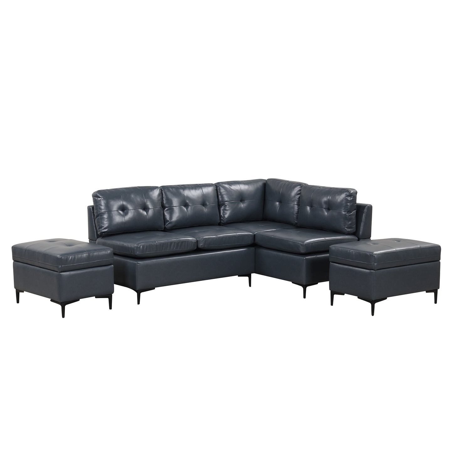 Blue L-Shaped Sectional Sofa Set with Movable Storage Ottomans