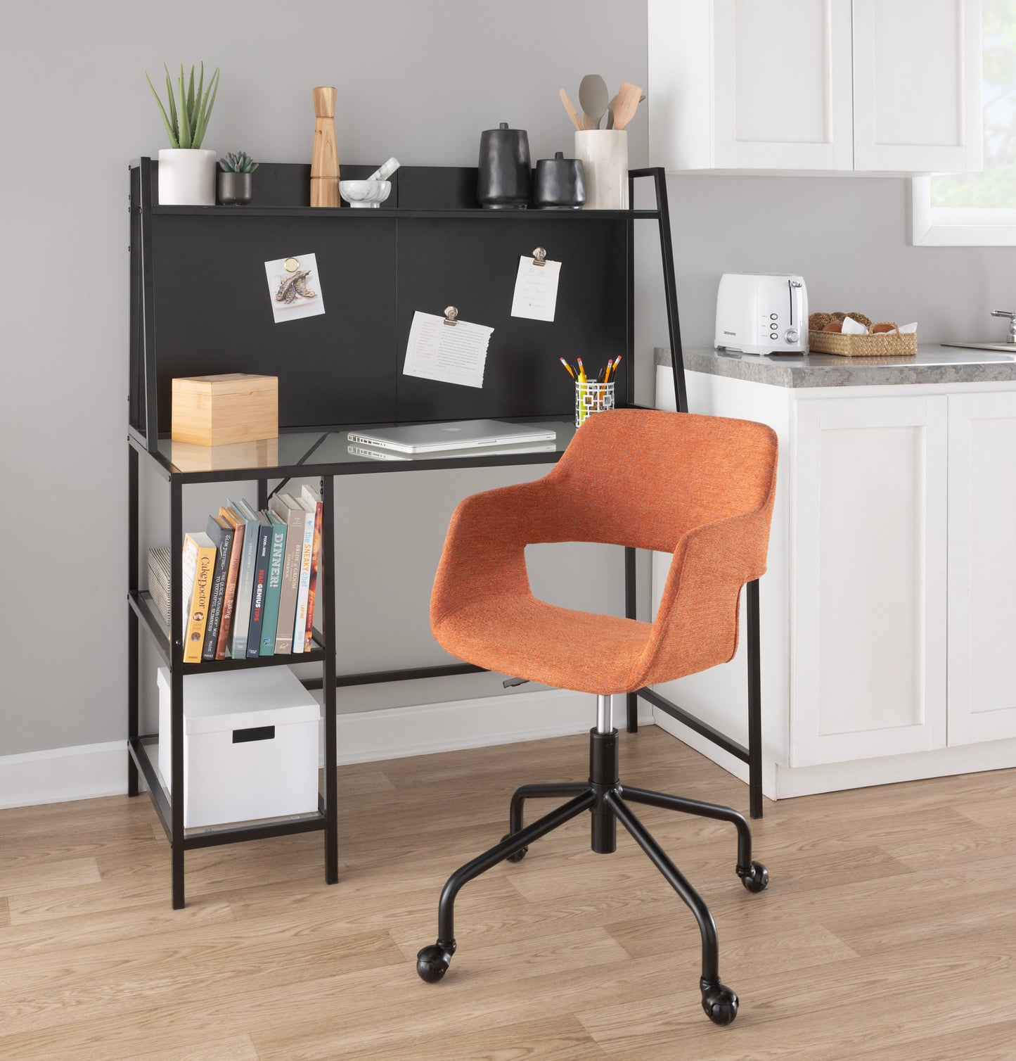 Margarite Contemporary Adjustable Office Chair in Black Metal and Orange Fabric by LumiSource