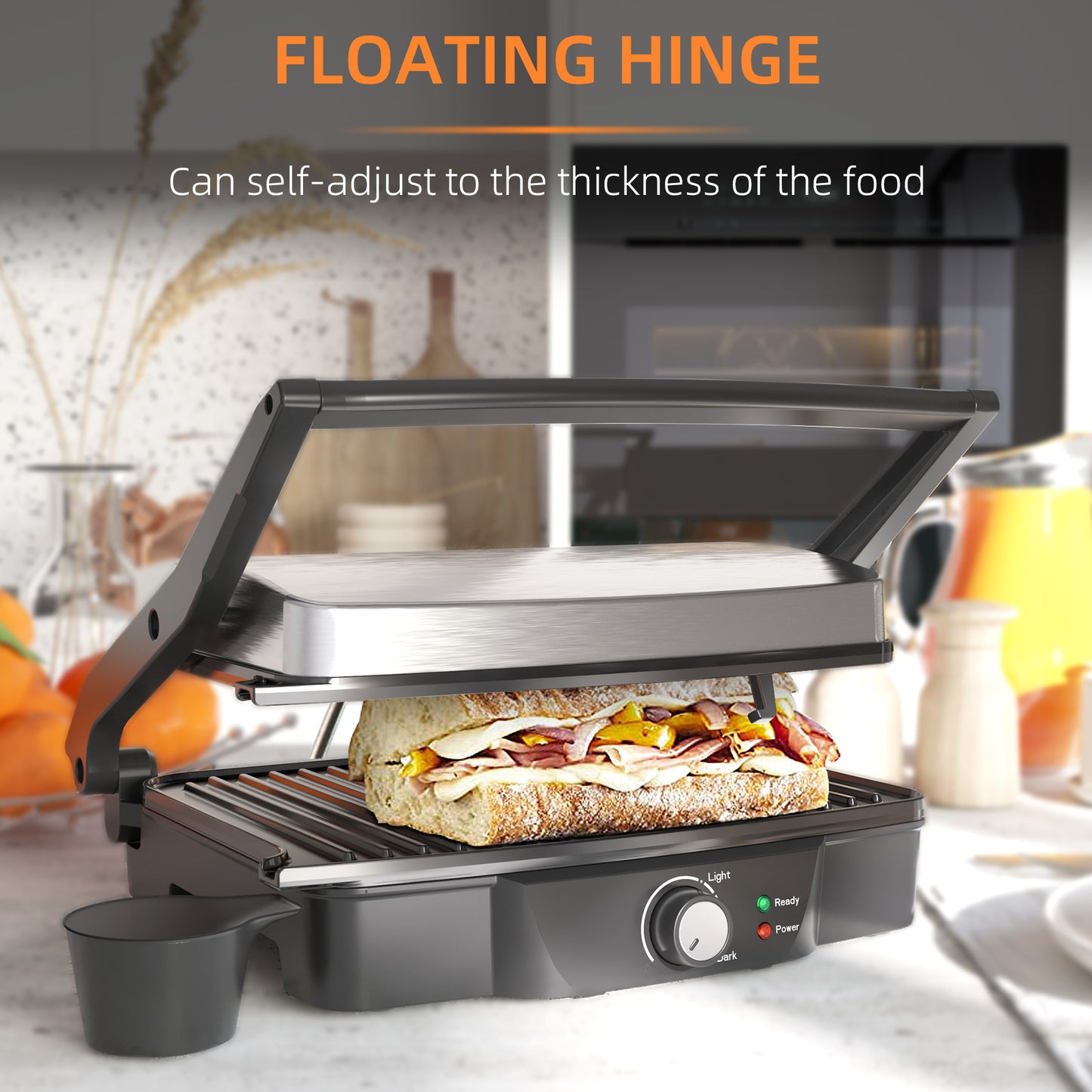 Versatile Stainless Steel Sandwich Maker with Adjustable Floating Hinge and Temperature Control