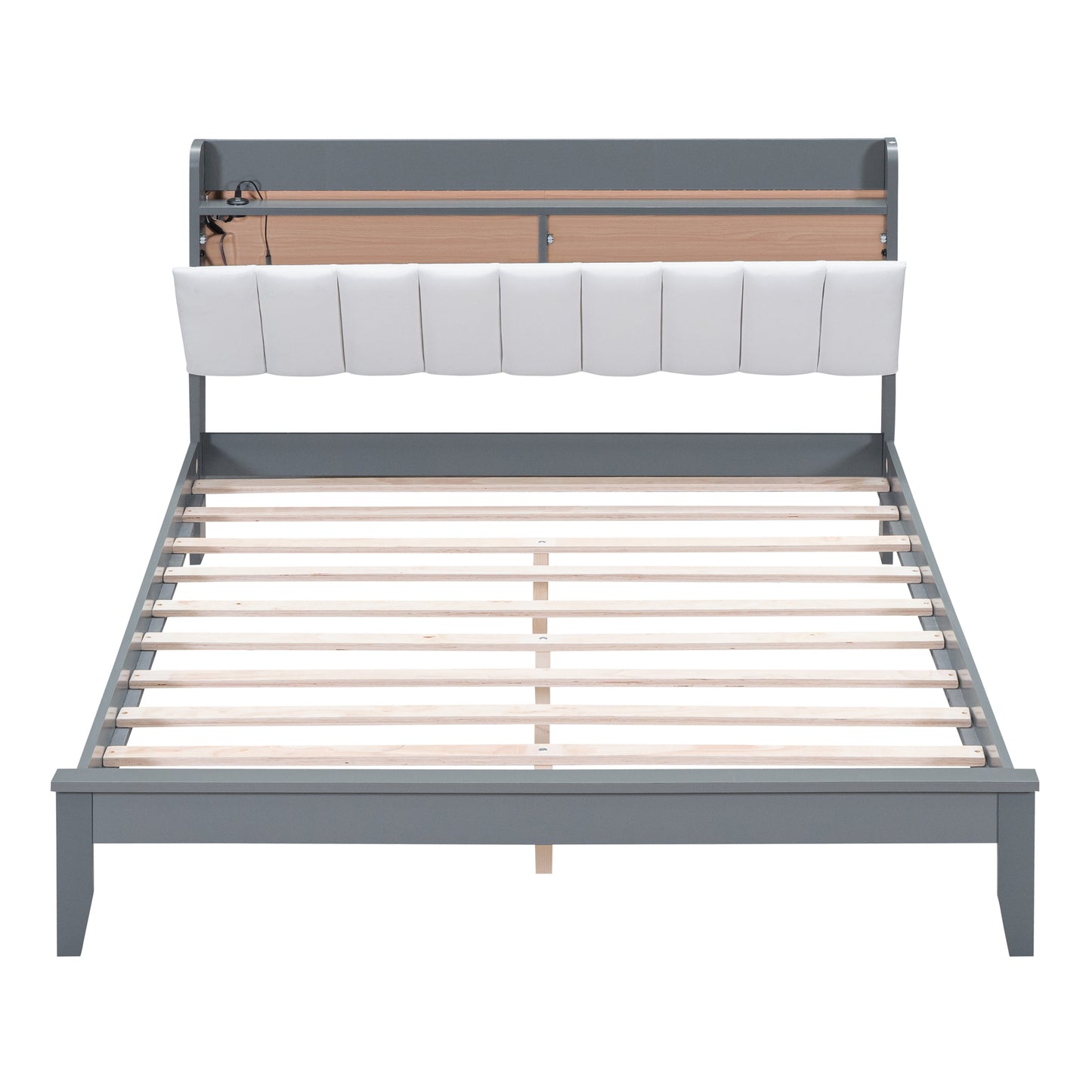 Queen size Platform Bed with USB Charging Station and Storage Upholstered Headboard,LED Bed Frame,No Box Spring Needed,Gray+White