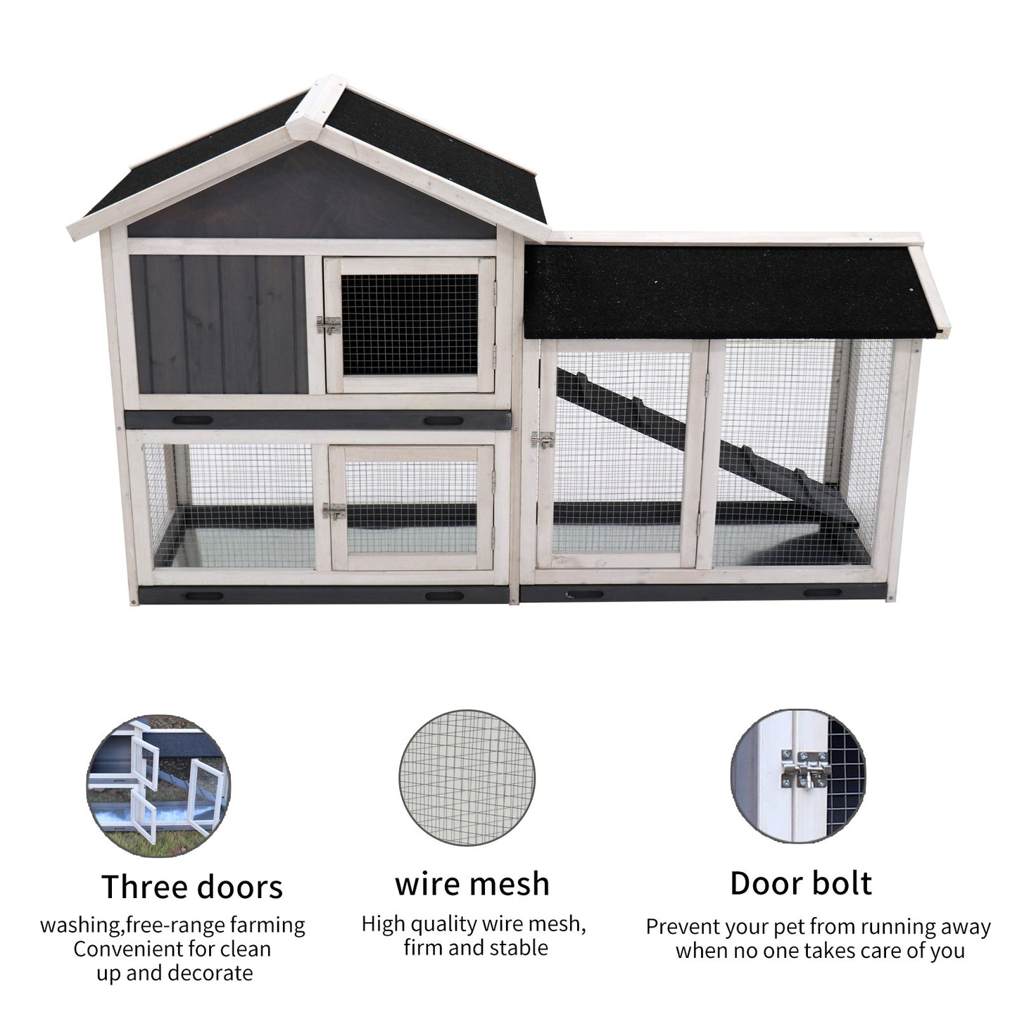 Rabbit Hutch, Indoor Bunny Cage, Outdoor Rabbit Cages with Run, Pet House with Deeper No Leak Tray, UV Panel, Removable Bottom Wire Mesh for Small Animals