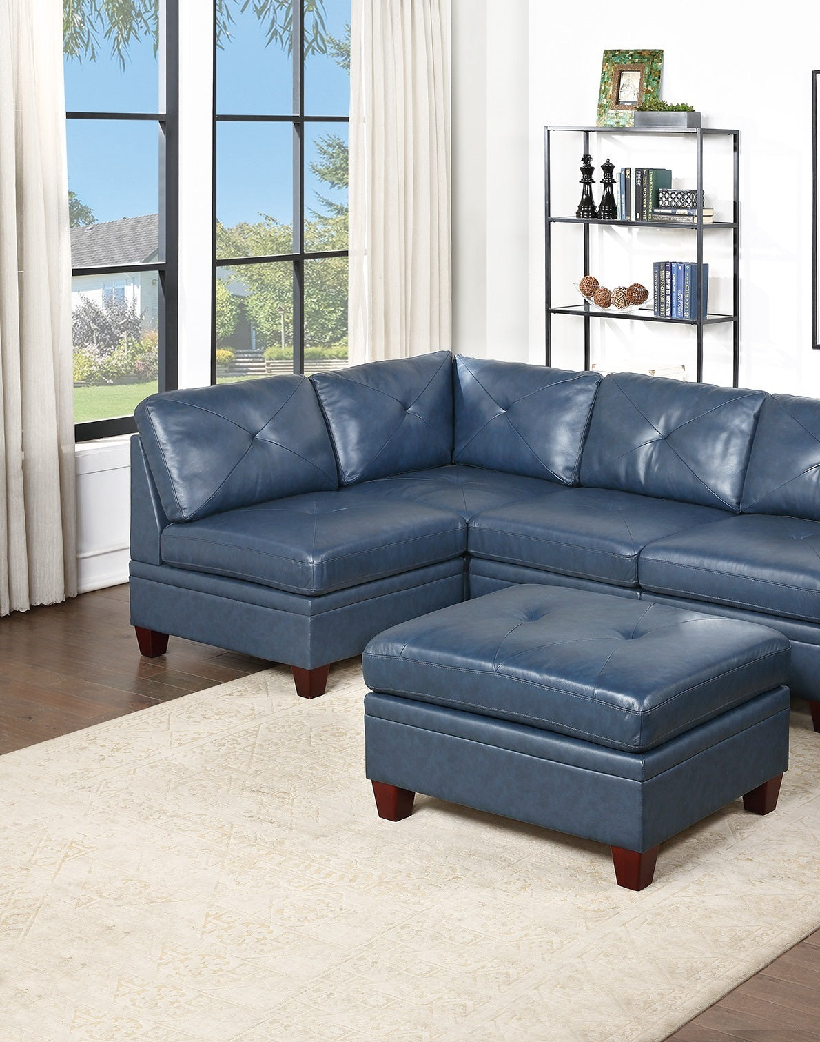 Luxurious Ink Blue Genuine Leather Modular Sofa Set with Tufted Design