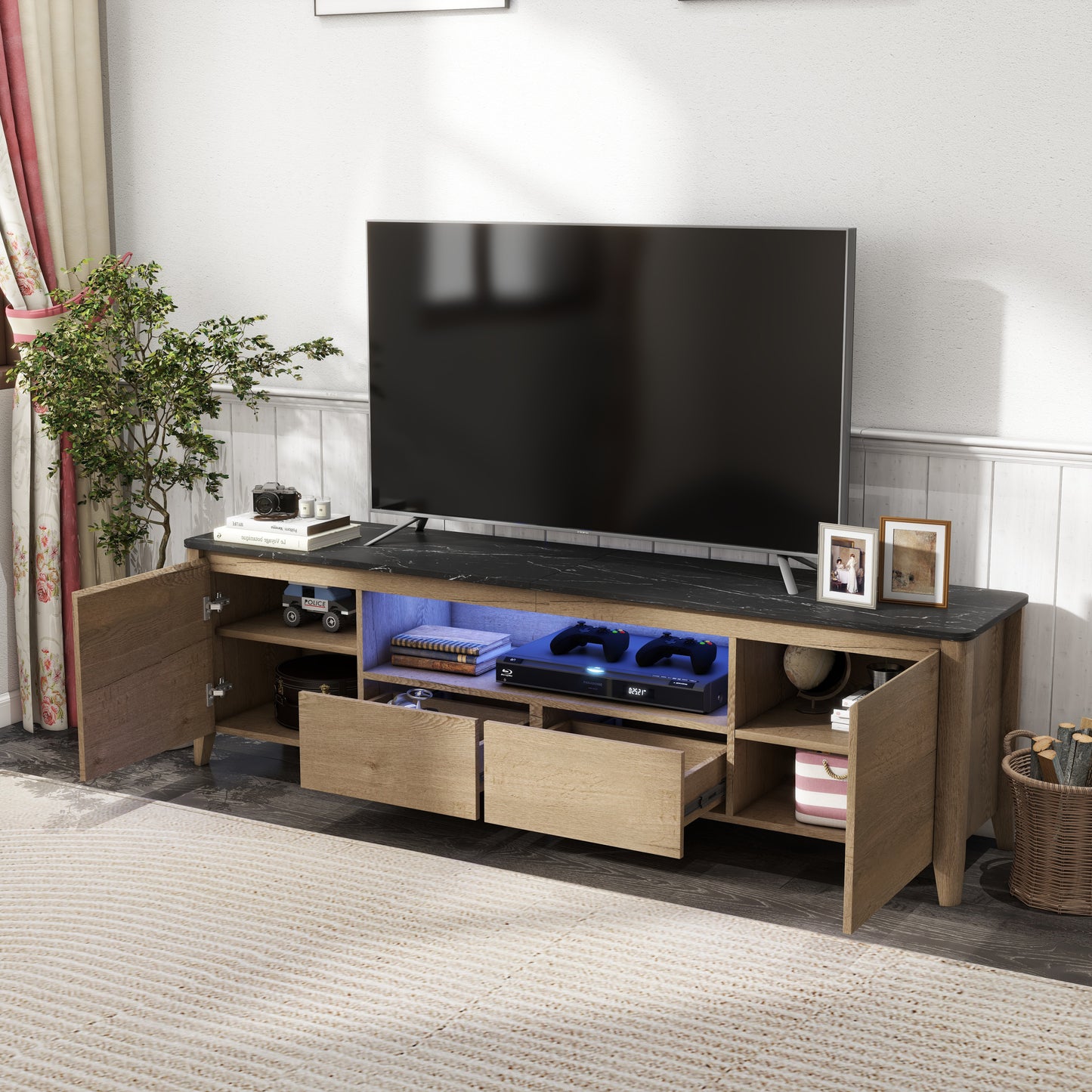 Sleek 70 TV Stand with LED Lights and Storage for 80 TVs