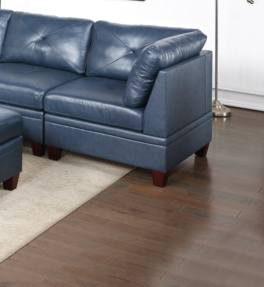 Luxurious Ink Blue Genuine Leather Modular Sofa Set with Tufted Design