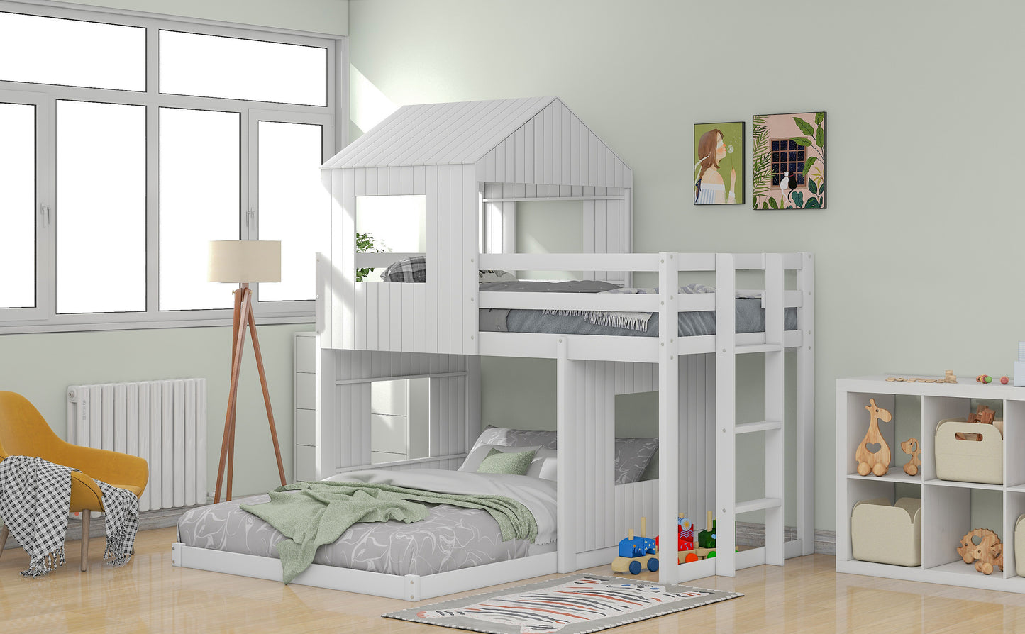 Whimsical Farmhouse Twin Over Full Bunk Bed with Playhouse in White