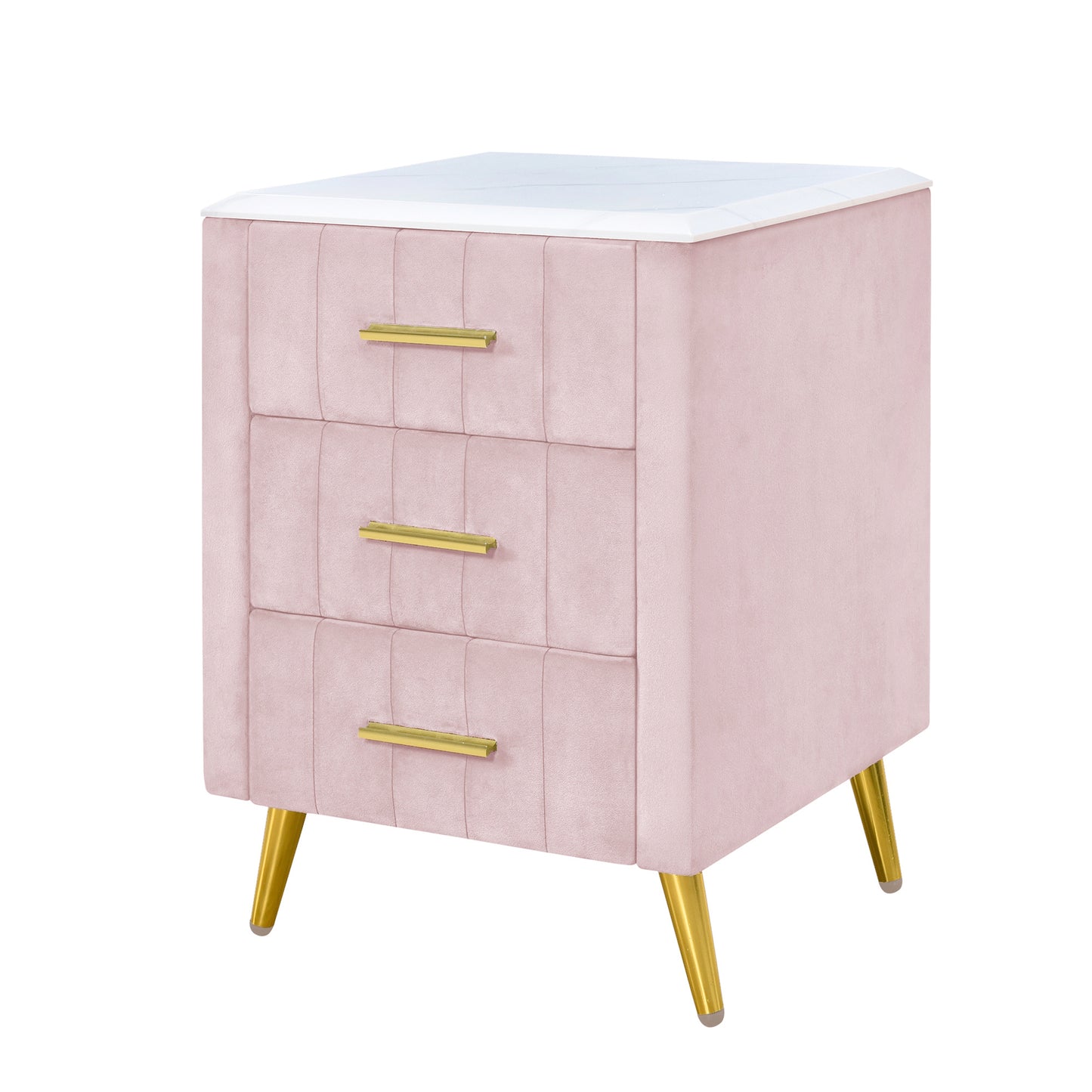 Upholstered Wooden Nightstand with 3 Drawers and Metal Legs&Handles,Fully Assembled Except Legs&Handles,Bedside Table with Marbling Worktop - Pink