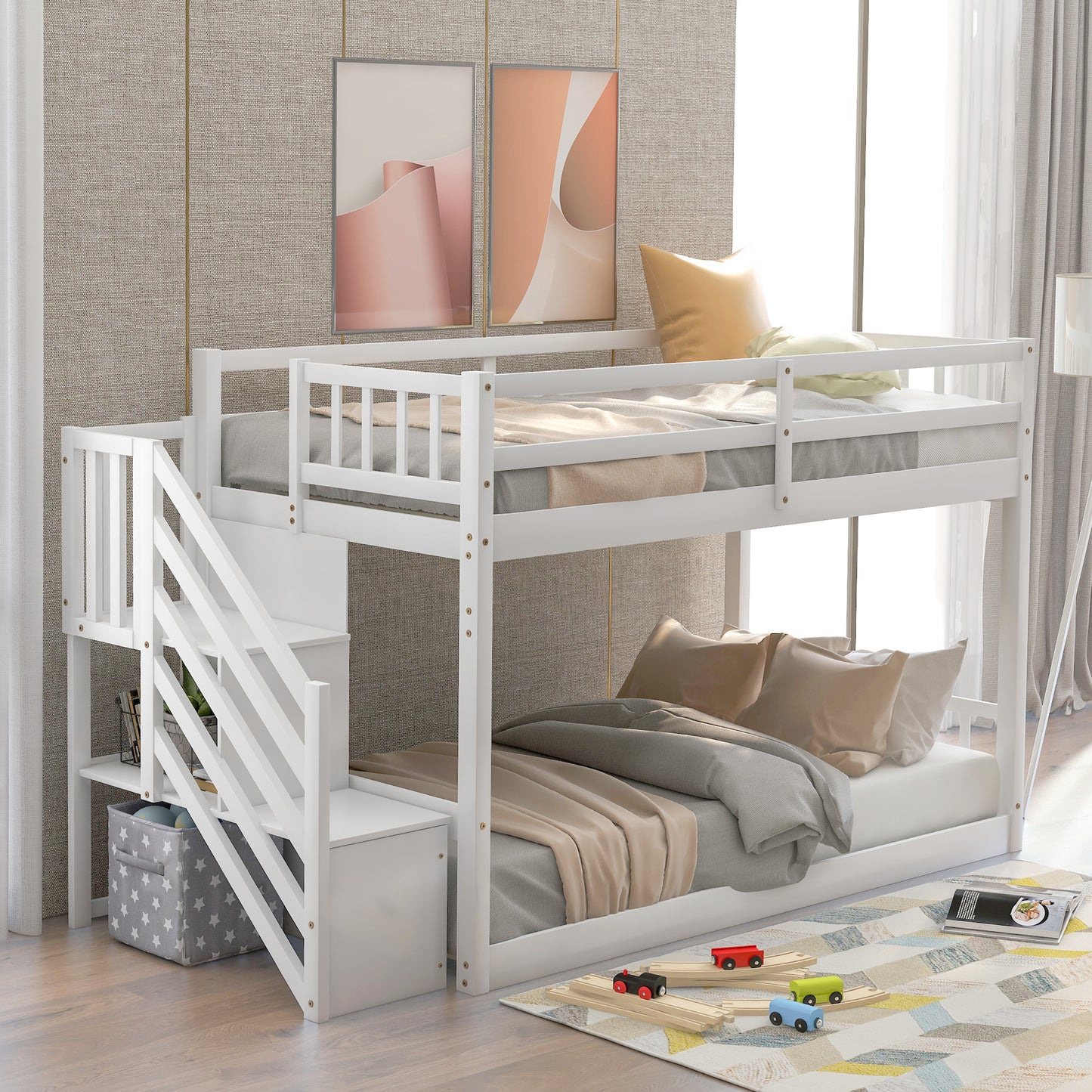 White Twin Floor Bunk Bed with Ladder and Storage