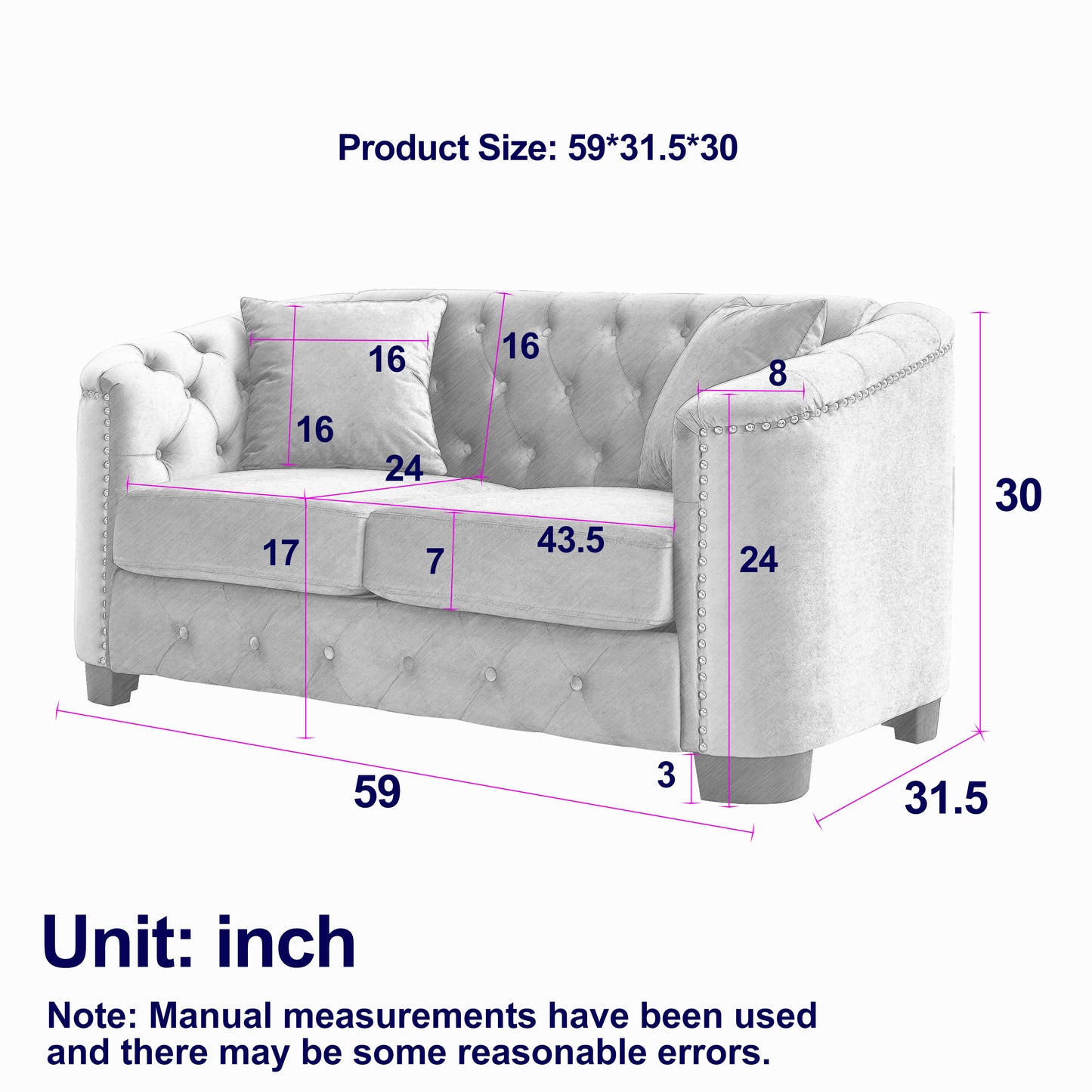 59-Inch Grey Velvet Chesterfield 2-Seater Sofa with Nailhead Arms and 2 Cushions