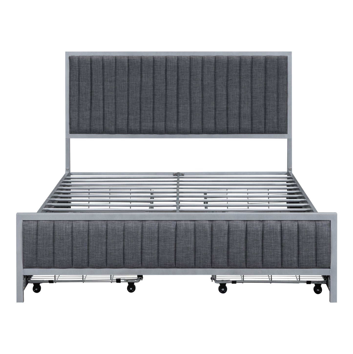 Full Size Metal Frame Upholstered Bed with 4 Drawers, Linen Fabric, Gray