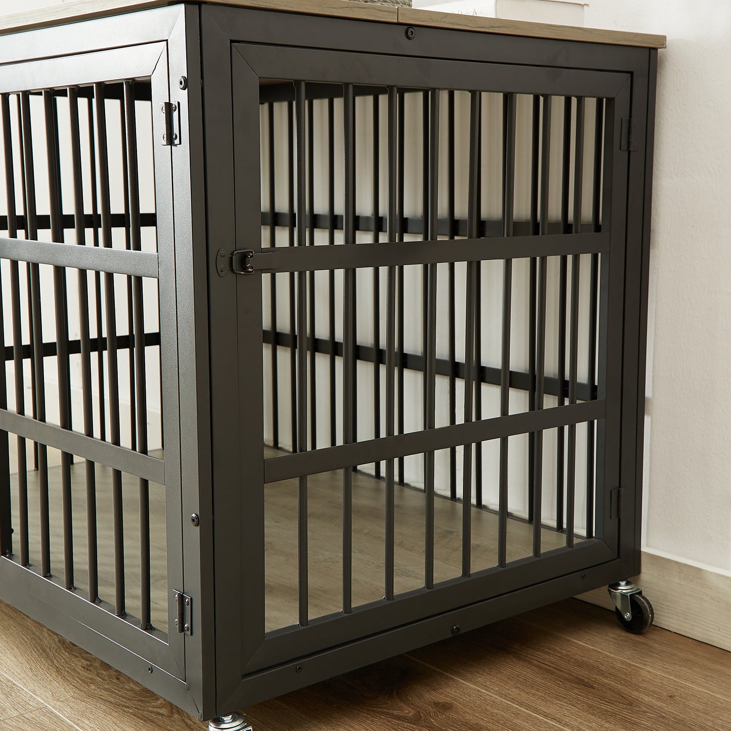 Furniture style dog crate wrought iron frame door with side openings, Grey, 43.3''W x 29.9''D x 33.5''H.