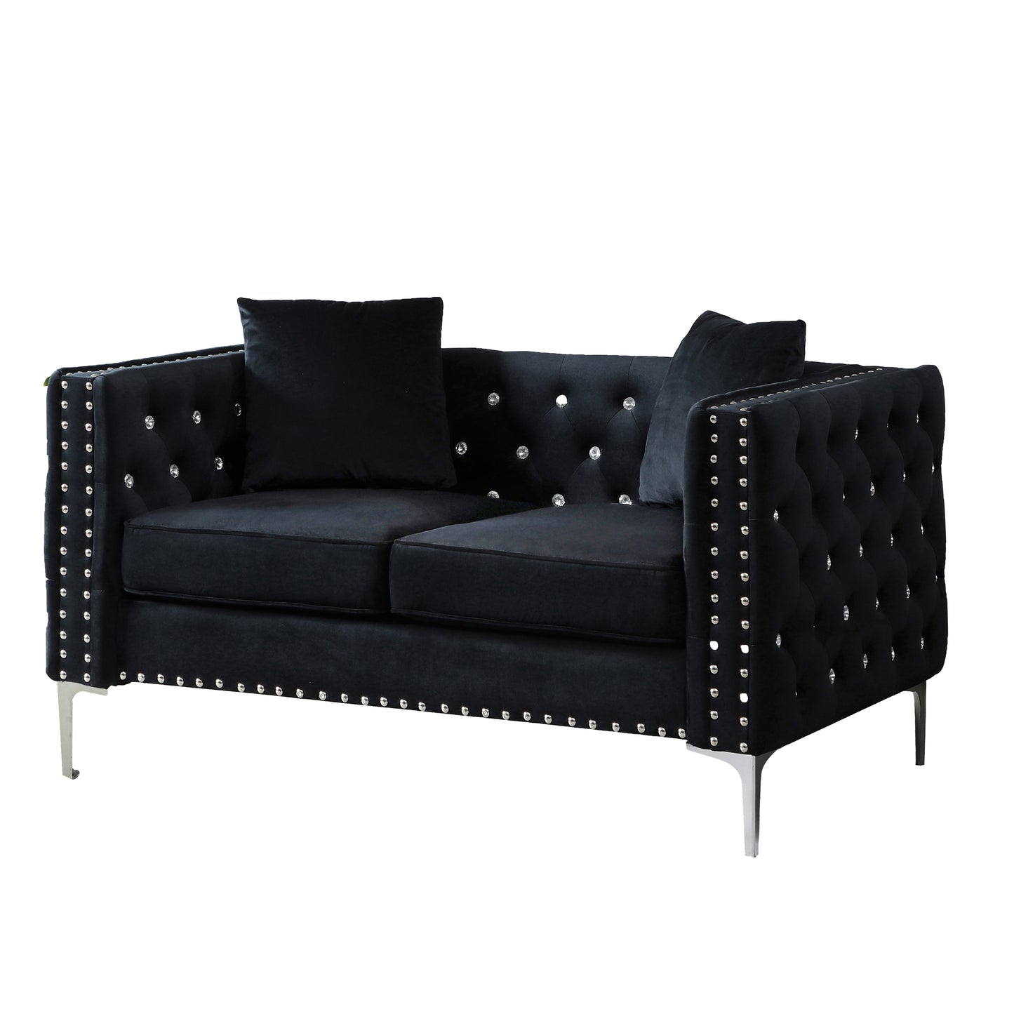 Modern Black Velvet 2-Piece Living Room Set with Sofa, Loveseat, and 4 Pillows