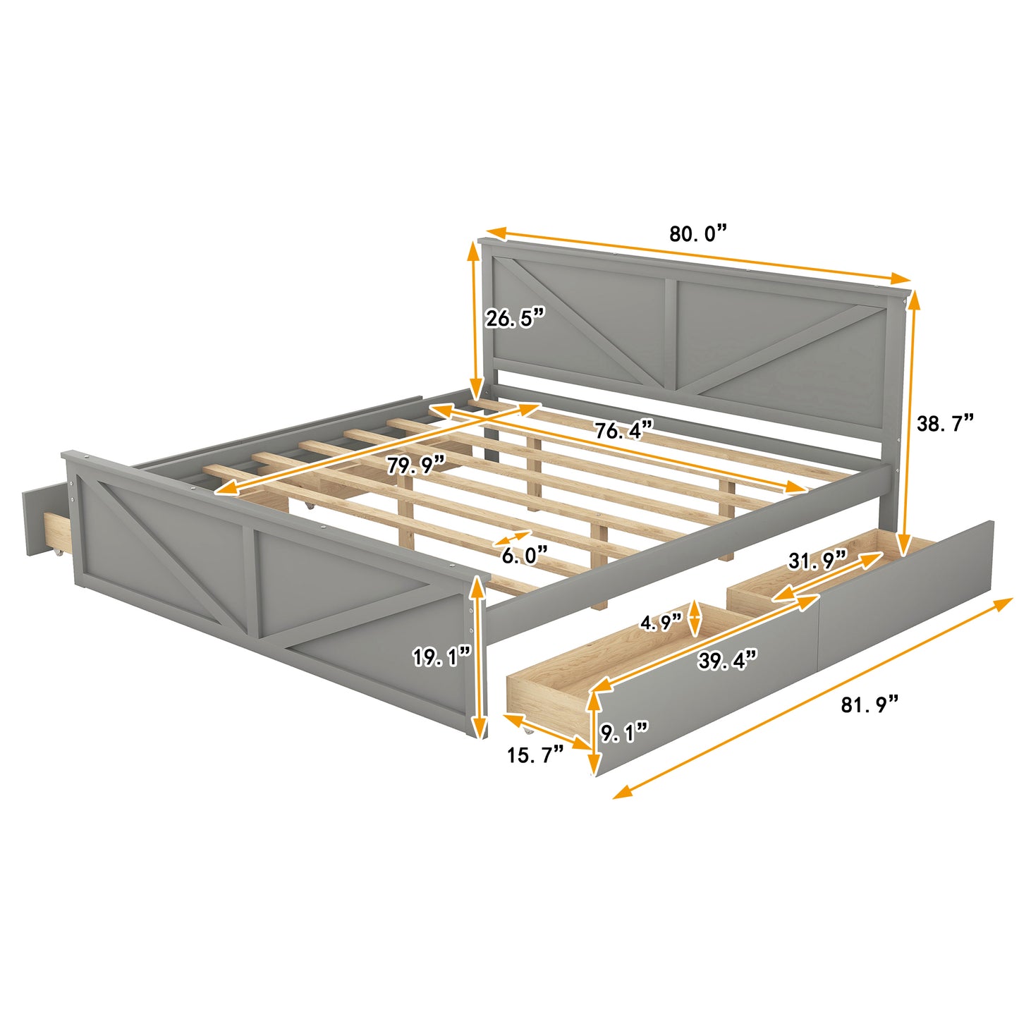 King Size Wooden Platform Bed with Four Storage Drawers and Support Legs, Gray