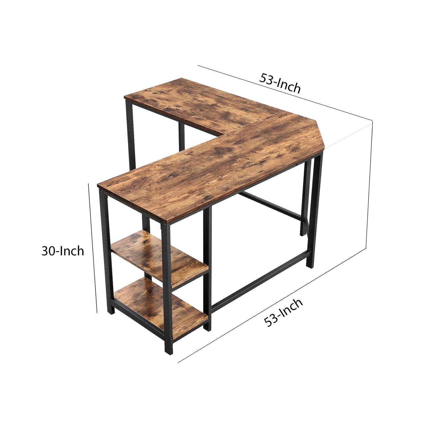 L-Shaped Oak and Iron Computer Desk with 2 Shelves, Walnut and Charcoal Gray