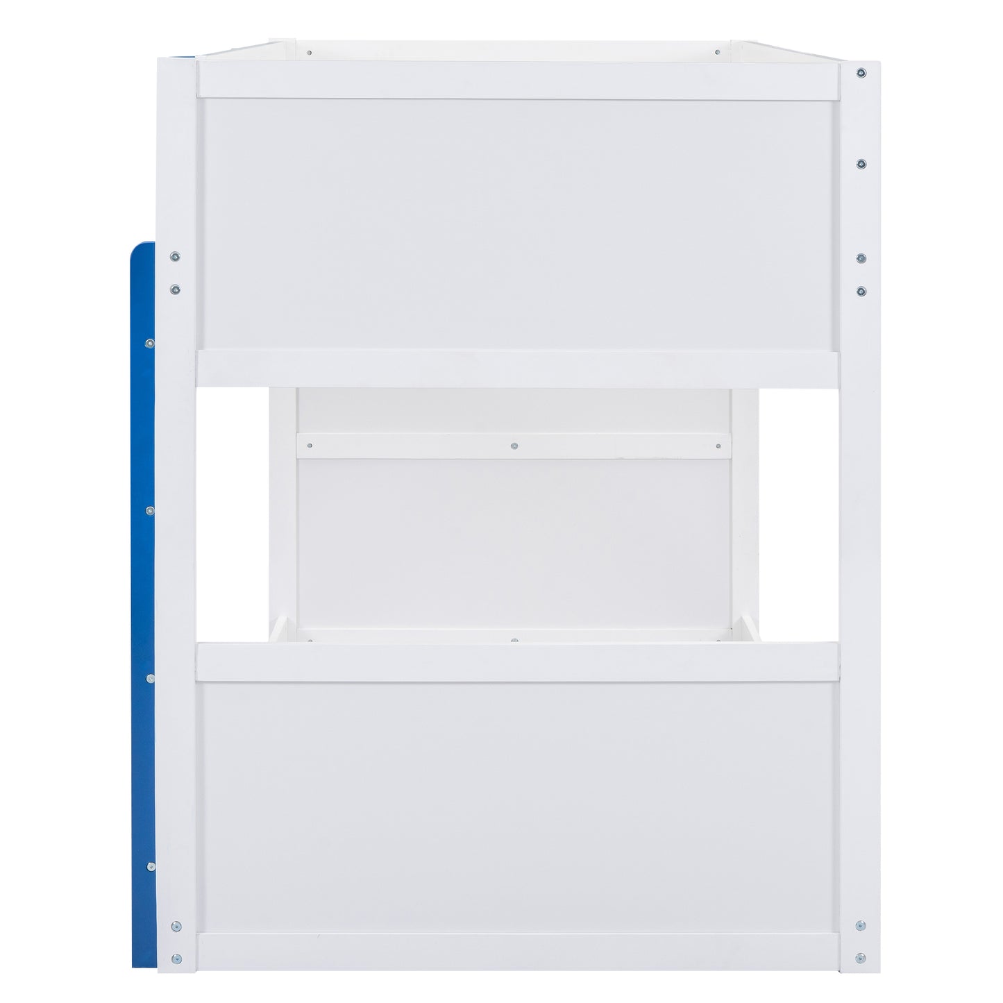 White and Blue Boat-Inspired Twin over Twin Bunk Bed with Storage Shelves