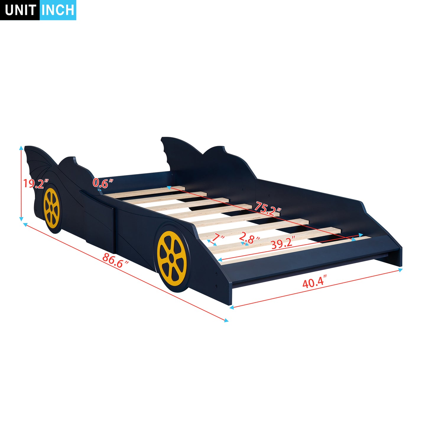 Twin Size Race Car-Shaped Platform Bed with Wheels,Blue+Yellow