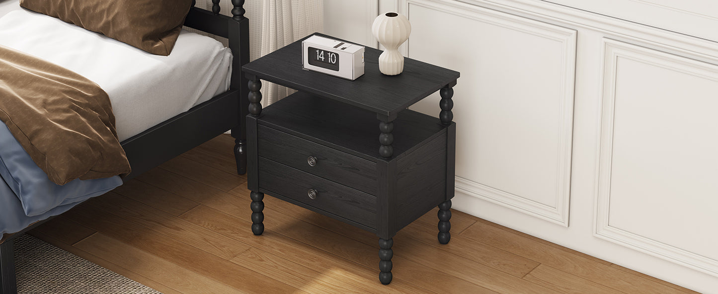 Gourd Shaped Leg 2 Drawer Nightstand, Antique Black