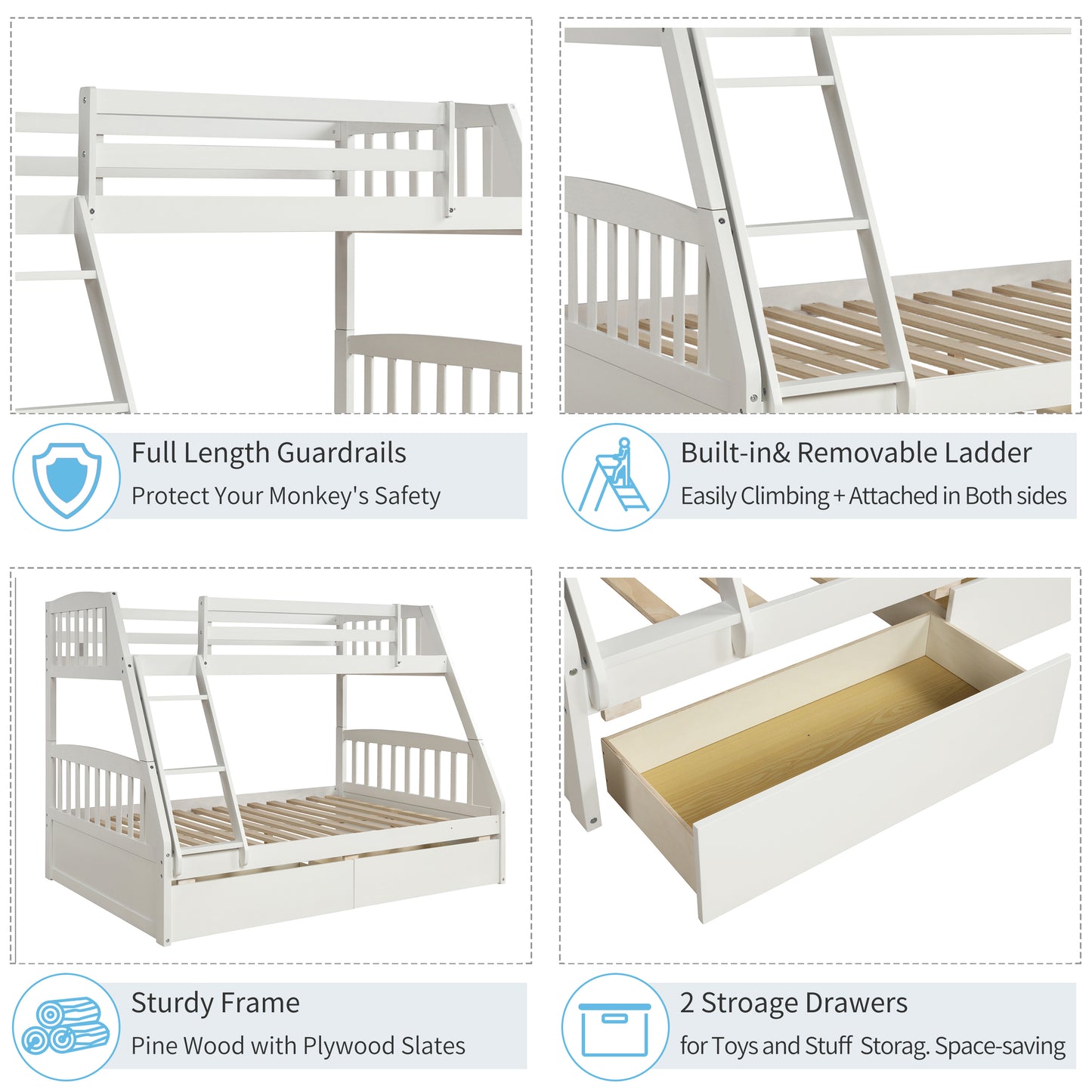 Solid Wood White Twin Over Full Bunk Bed with Two Storage Drawers